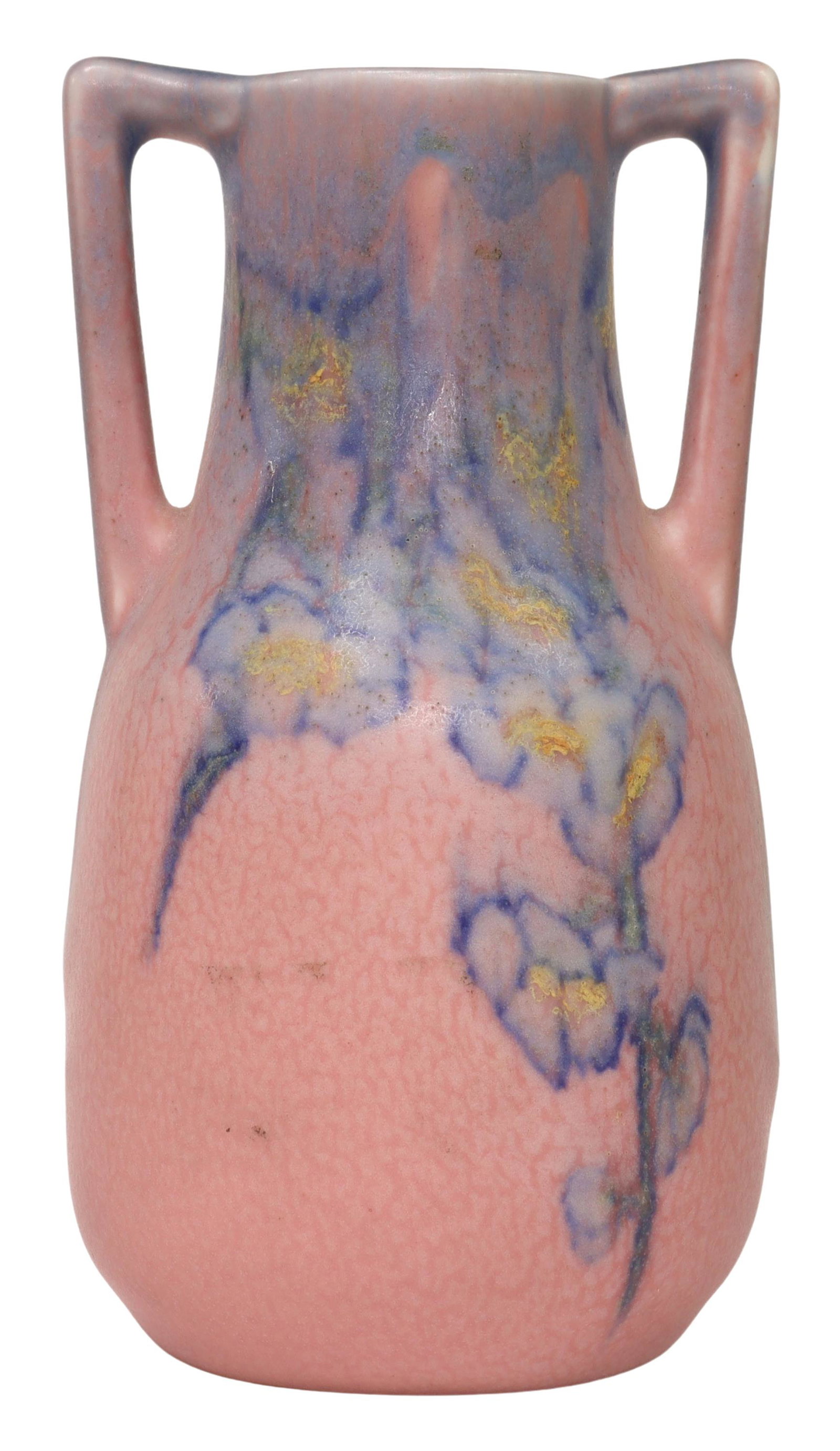 JENS JENSEN ROOKWOOD POTTERY MATTE GLAZE VASE: American Arts and Crafts pottery handled vase, Rookwood Pottery Company, Cincinnati, Ohio, c.1931, shape number 2562, painted decorator's cipher, likely for Jens Jensen (1898-1978), matte vellum glaze