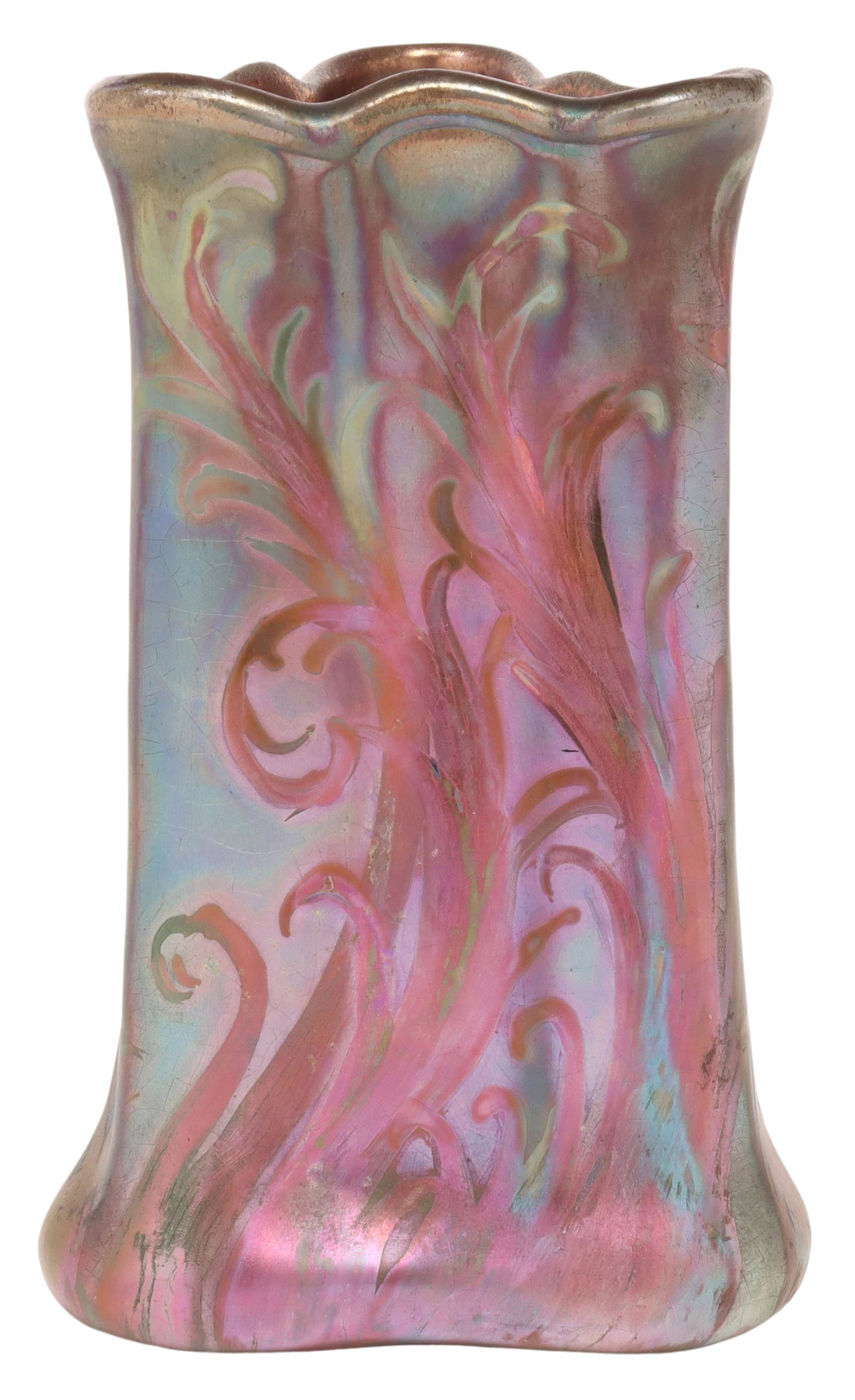 WELLER SICARD ART POTTERY TRIANGULAR VASE: American art pottery vase, Jacques Sicard (1865-1923) for S.A. Weller Pottery, Zanesville, Ohio, lobed triangular form, in an iridescent luster glaze, decorated with organic scroll design, approx 7 1/