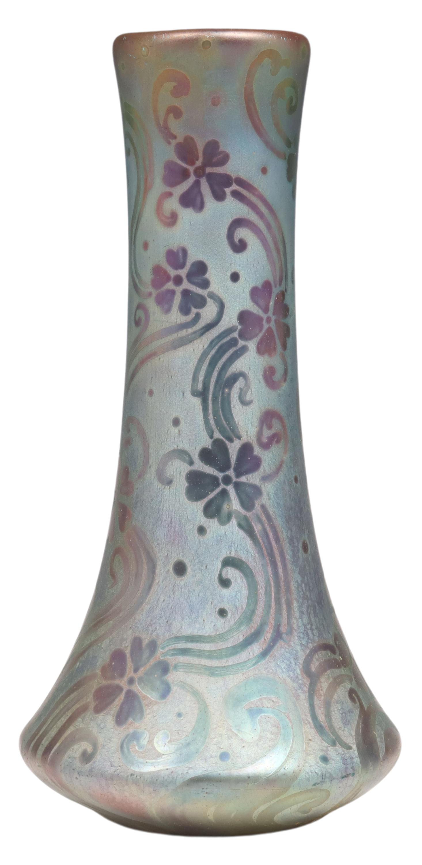 WELLER SICARD ART POTTERY BOTTLE VASE: American art pottery vase, Jacques Sicard (1865-1923) for S.A. Weller Pottery, Zanesville, Ohio, in an iridescent luster glaze, decorated with stylized floral and scroll design, approx 7 3/8"h, 4"diam