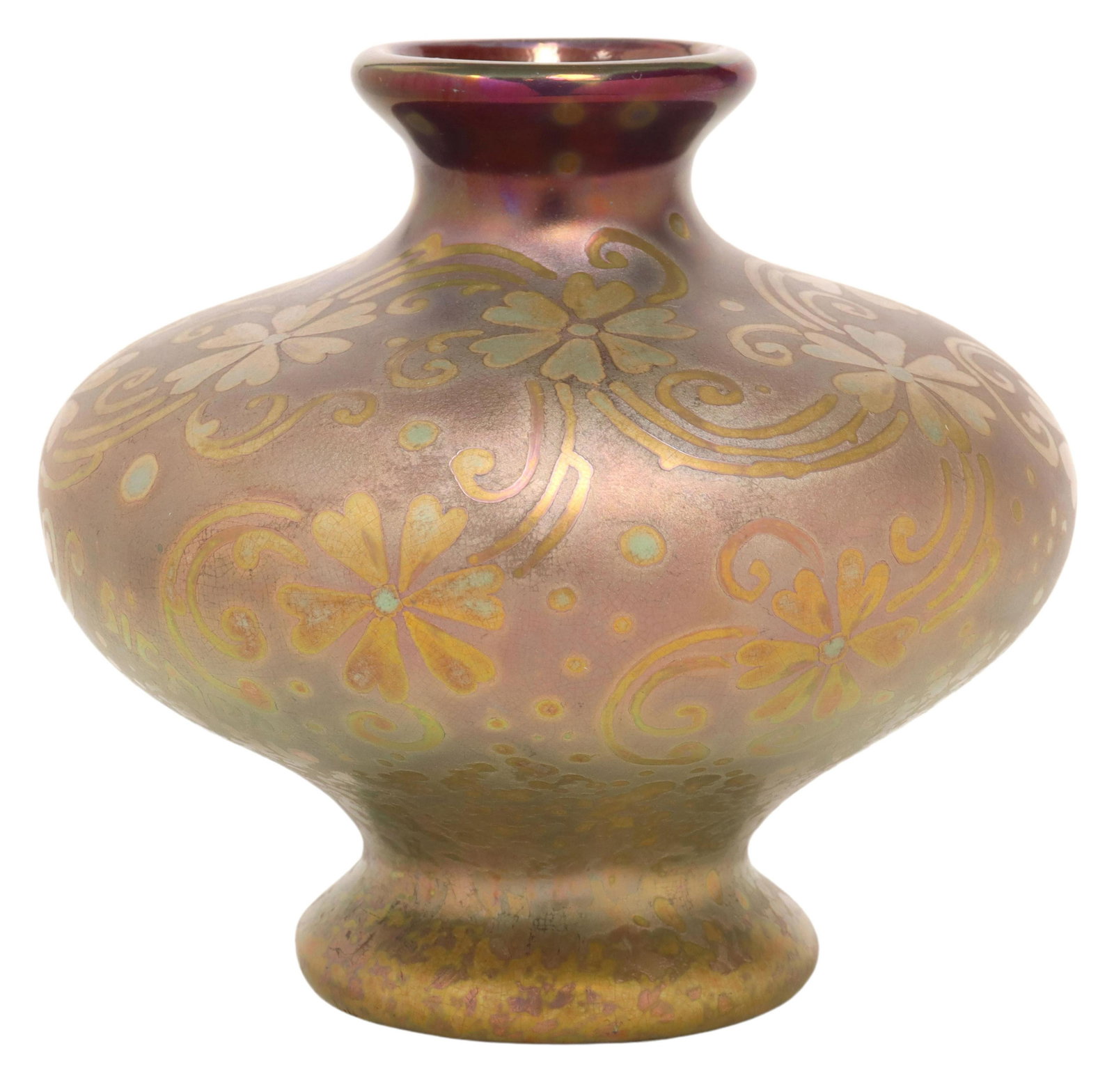 WELLER SICARD ART POTTERY IRIDESCENT GLAZE VASE: American art pottery vase, Jacques Sicard (1865-1923) for S.A. Weller Pottery, Zanesville, Ohio, in an iridescent luster glaze, decorated with stylized floral and scroll design, approx 4 5/8"h, 5"diam
