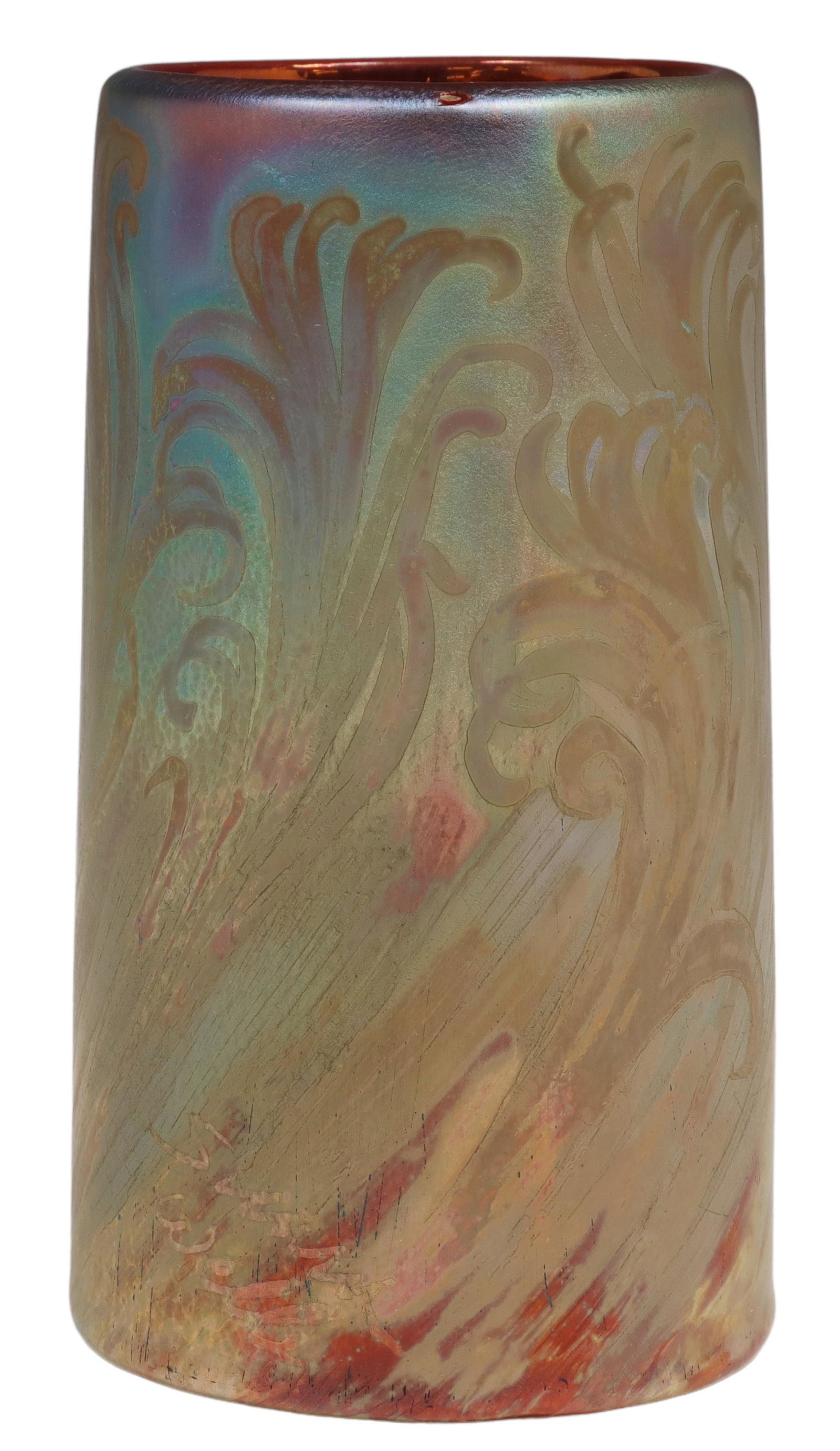 WELLER SICARD ART POTTERY CYLINDRICAL VASE: American art pottery vase, Jacques Sicard (1865-1923) for S.A. Weller Pottery, Zanesville, Ohio, cylindrical form, in an iridescent luster glaze, decorated with organic scroll design, approx 5.5"h, 3 