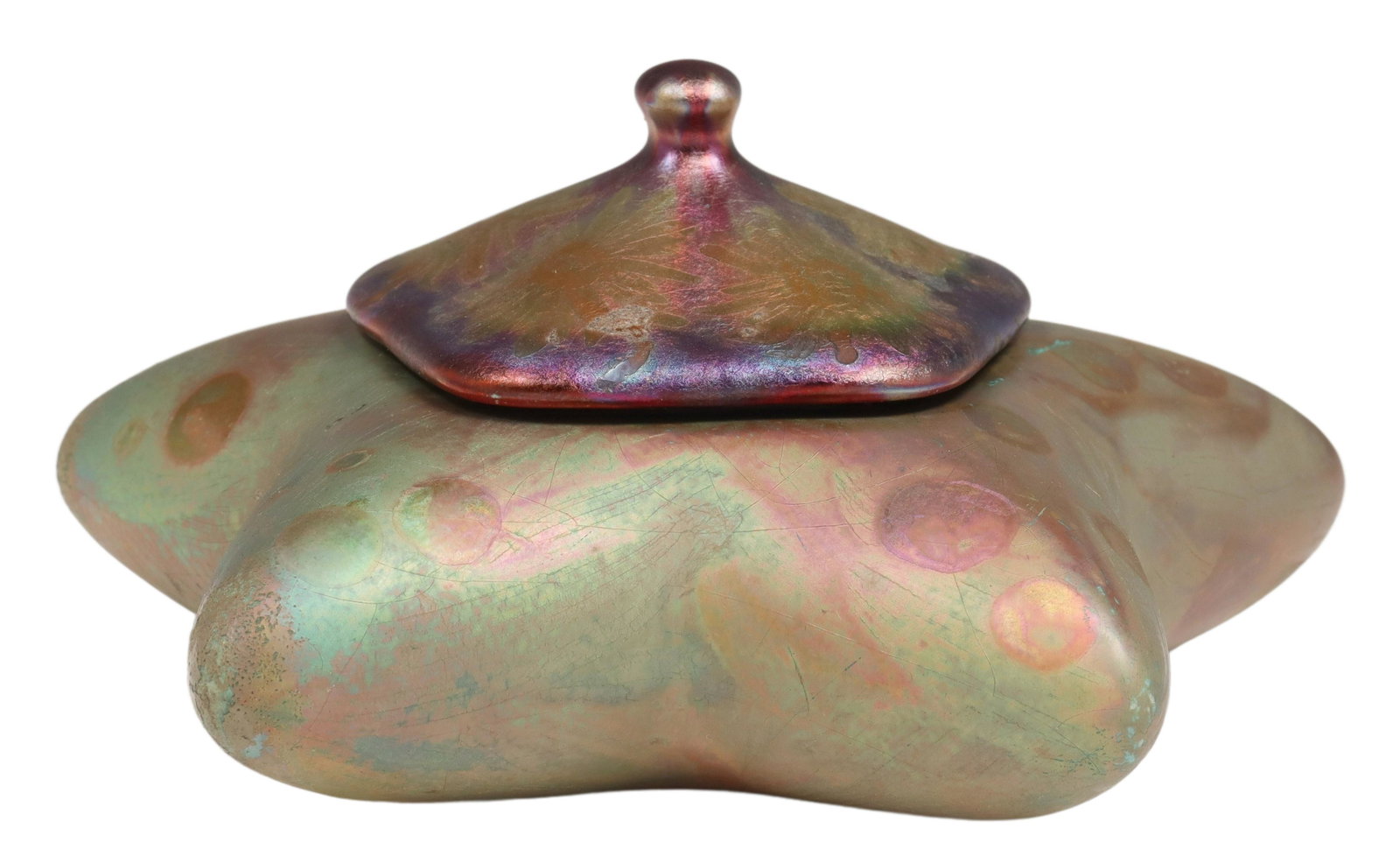 WELLER SICARD ART POTTERY STAR SHAPED BOX & COVER: American art pottery covered box, Jacques Sicard (1865-1923) for S.A. Weller Pottery, Zanesville, Ohio, in the form of a five-pointed star, iridescent luster glaze, approx 2.75"h, 5.25"w, 5.25"d, 0.5l
