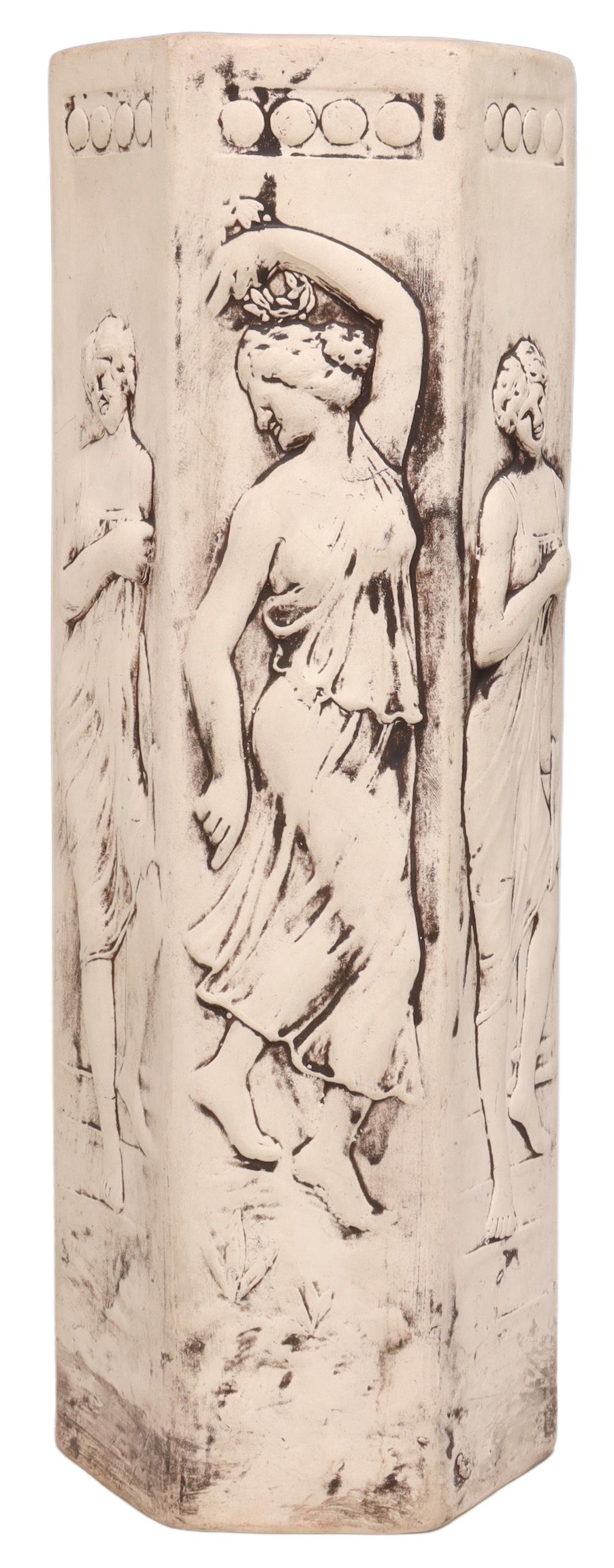 AMERICAN WELLER ART POTTERY UMBRELLA STAND: American art pottery umbrella stand, S.A. Weller Pottery, Zanesville, Ohio, hexagonal form, with classical female figures in relief, glazed interior, chip to foot, approx 17.75"h, 6.25"diam, 10lbs **P