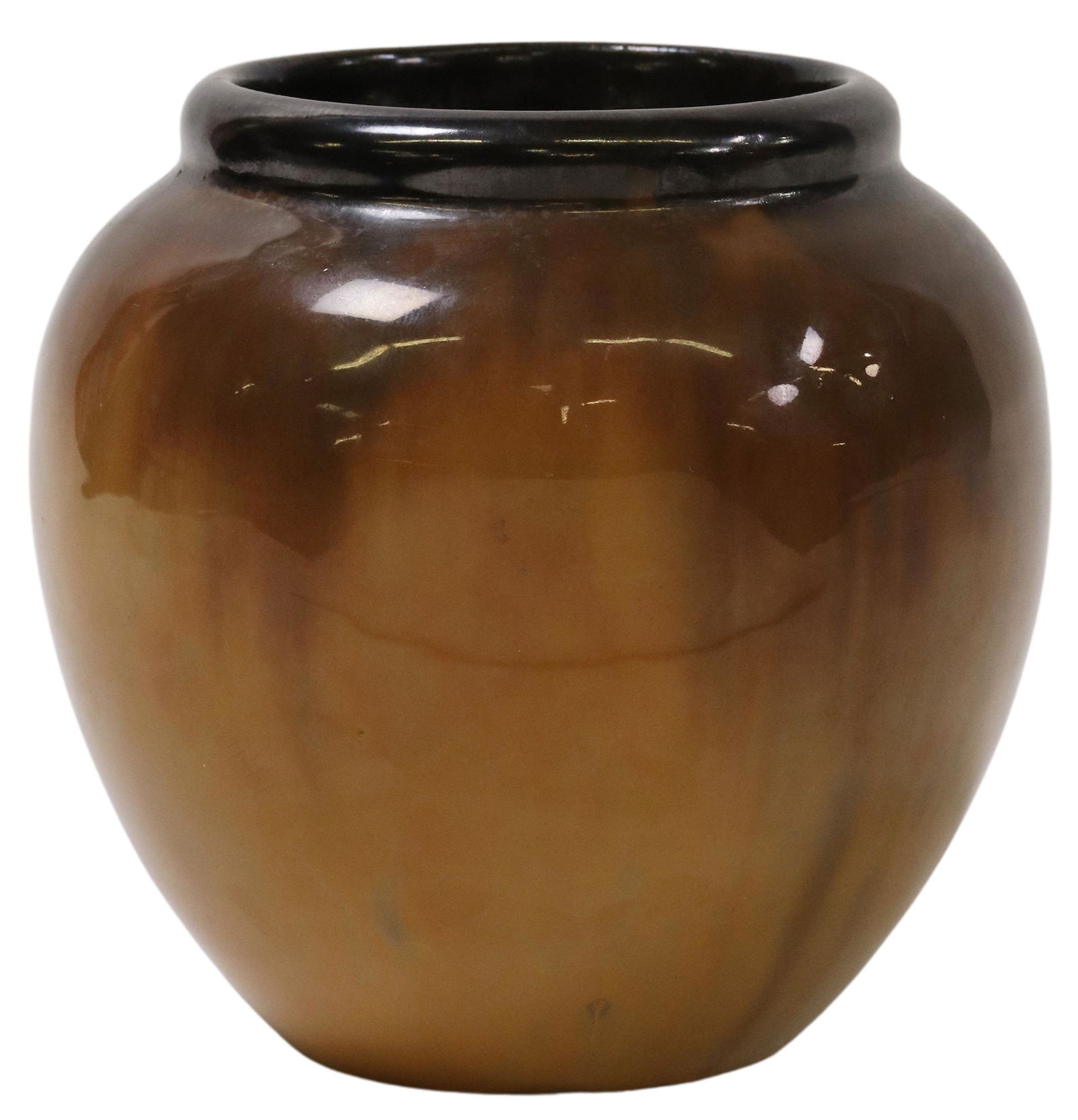 FULPER CAT EYE FLAMBE GLAZED ART POTTERY VASE: Glazed art pottery vase, Fulper Pottery Company, Flemington, New Jersey, bulbous form, in a butterscotch and black cat's eye flambe glaze, incised Fulper mark underfoot, approx 5 3/8"h, 5 5/8"diam, 2.