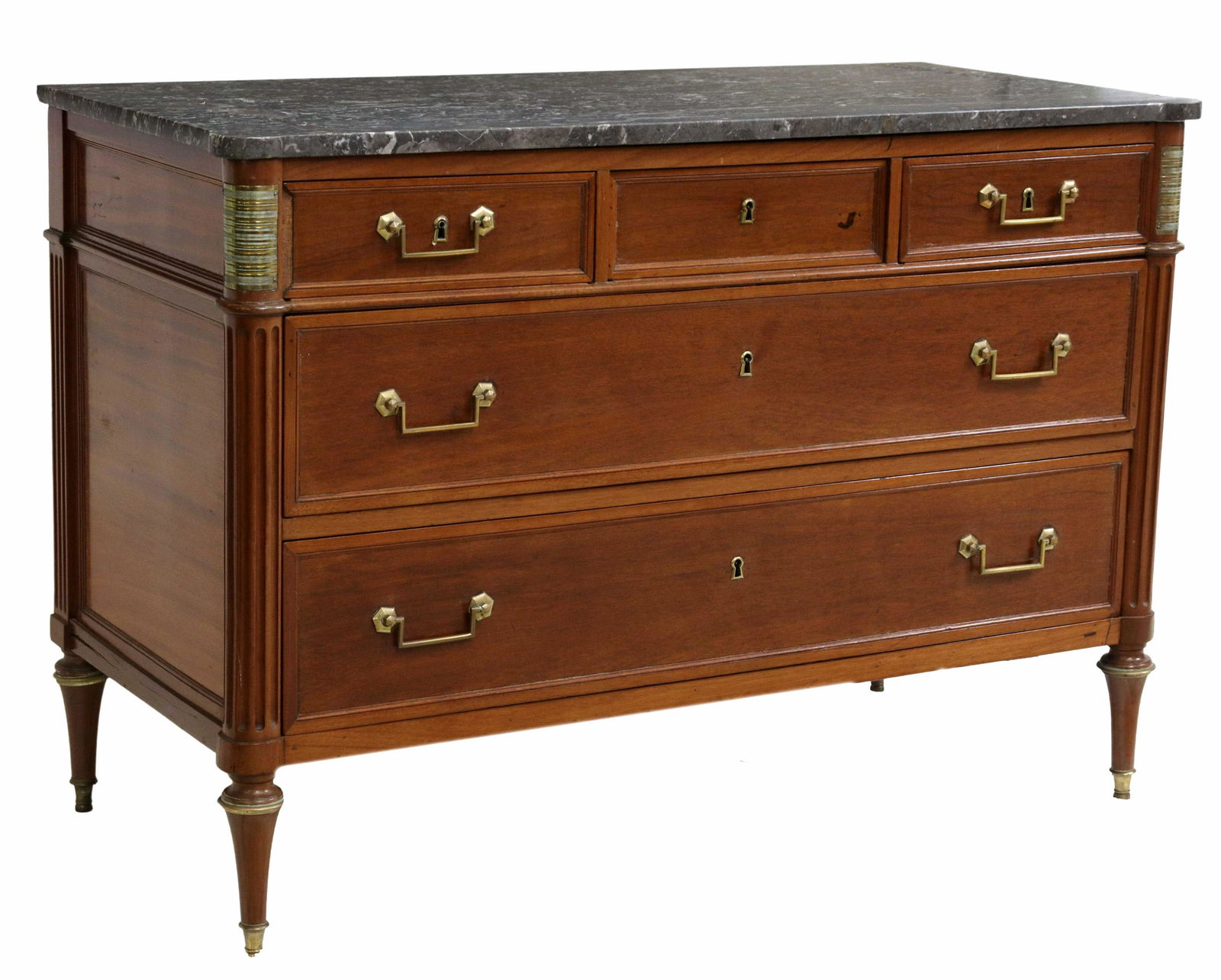 FRENCH LOUIS XVI STYLE MARBLE-TOP MAHOGANY COMMODE: French Louis XVI style mahogany commode, 19th c., having marble top, three top drawers, over two full-length drawers, mounted with gilt metal hardware, fluted side supports, rising on tapered legs, en
