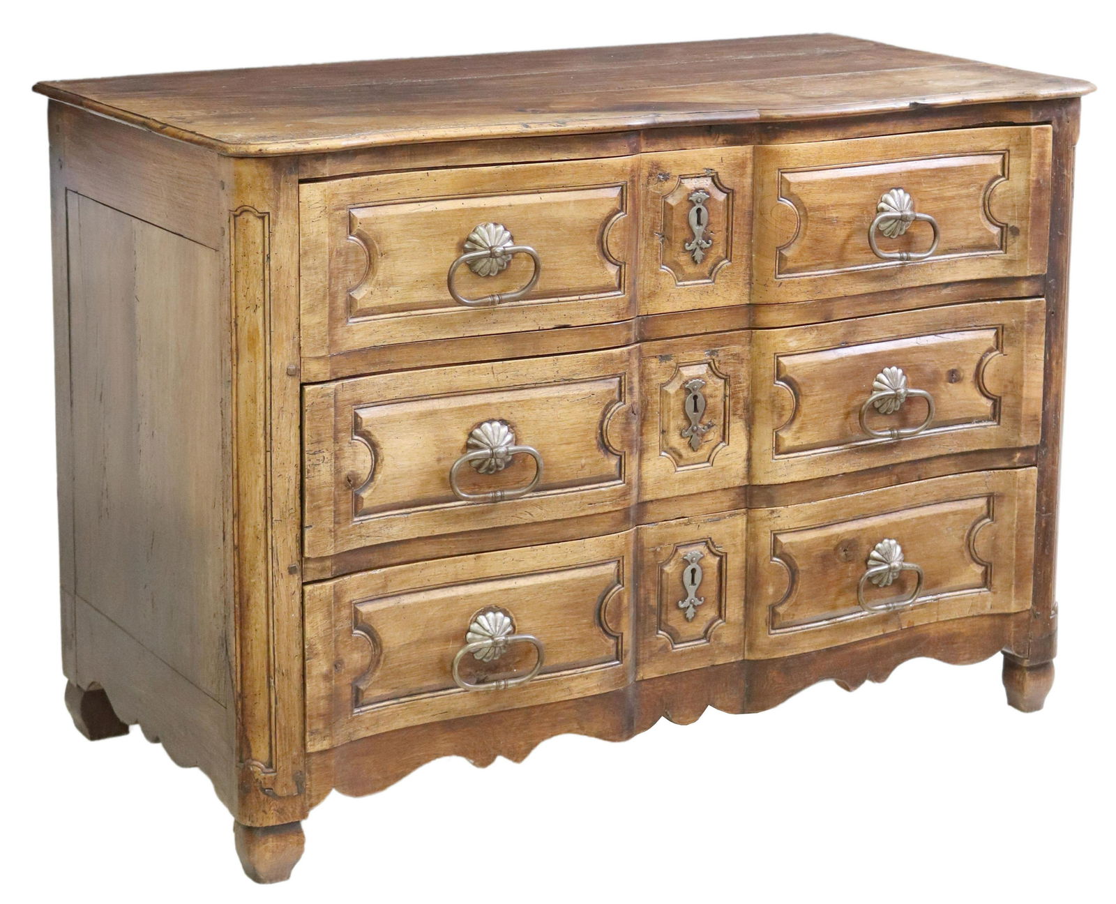 FRENCH WALNUT COMMODE EN ARBALETE, 18TH C.: French Louis XV period walnut commode en arbalete, late 18th c., three paneled drawers with iron pulls, scalloped apron, rising on short legs, approx 34.5"h, 50"w, 25"d Start Price: $500.00