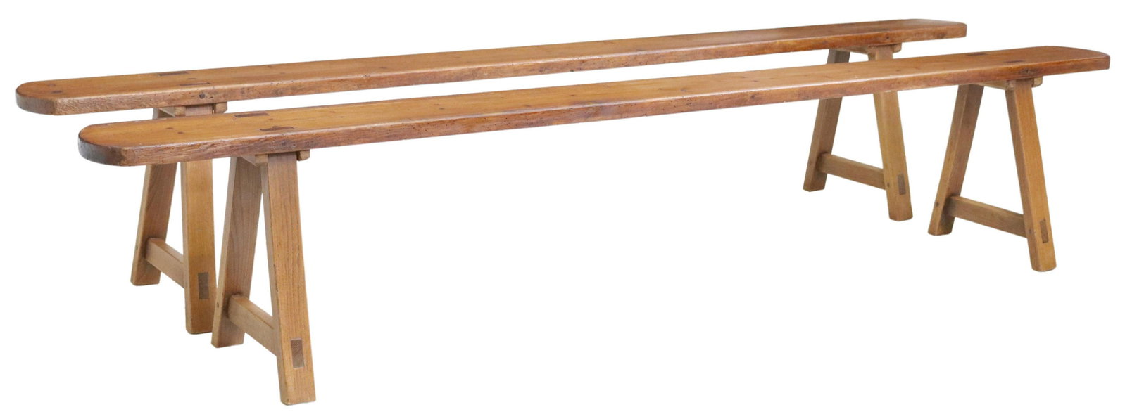 (2) FRENCH PROVINCIAL TRESTLE BENCHES, 99"L: (pair) French Provincial trestle benches, early 20th c., plank seat, mortise and tenon joinery, rising on A-frame supports, approx 19"h, 98.75"l, 14.5"w Start Price: $300.00