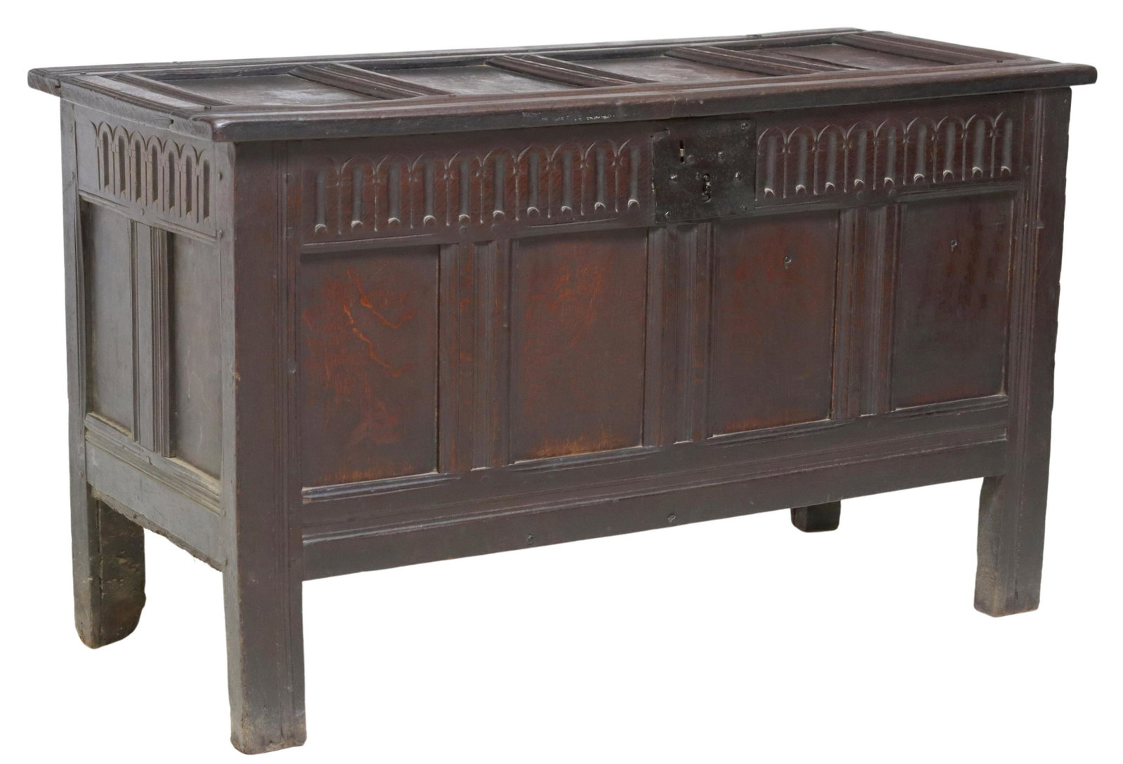 ENGLISH CARVED OAK COFFER/ STORAGE CHEST, 18TH C.: English carved oak coffer/ storage chest, 18th c., paneled case, hinged lid opening to storage interior with side till, over chip carved accents, rising on block legs, splits to one top panel, approx 