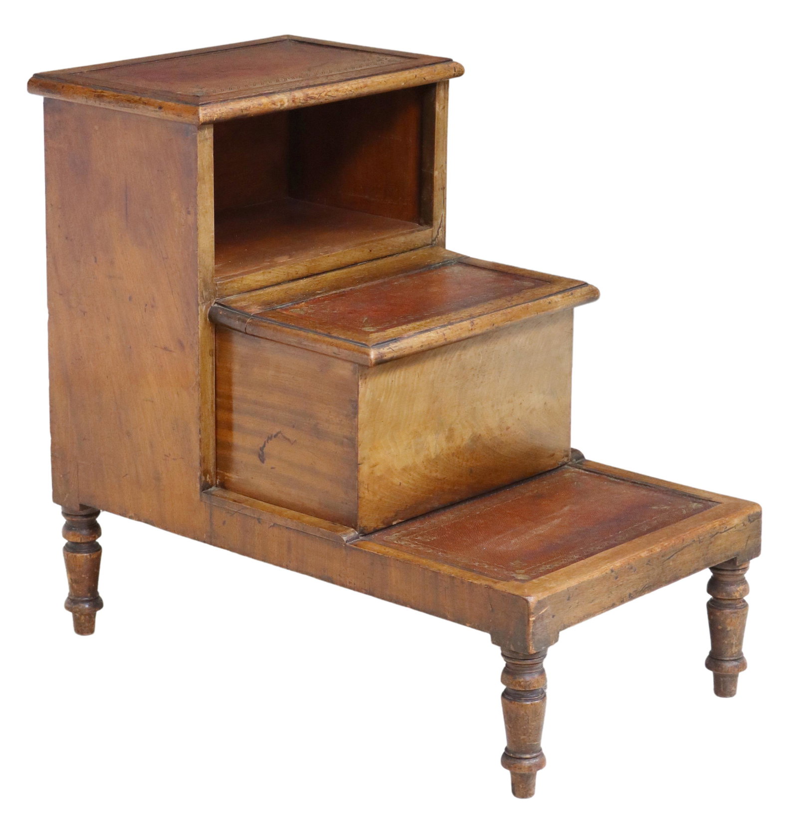 ENGLISH EMBOSSED LEATHER-TOP BED STEPS LADDER: English bed steps/ ladder, 19th c., each step having inset leather surface with gilt embossed border, hinged top and second step, open storage compartment at top step, rising on turned supports, appro