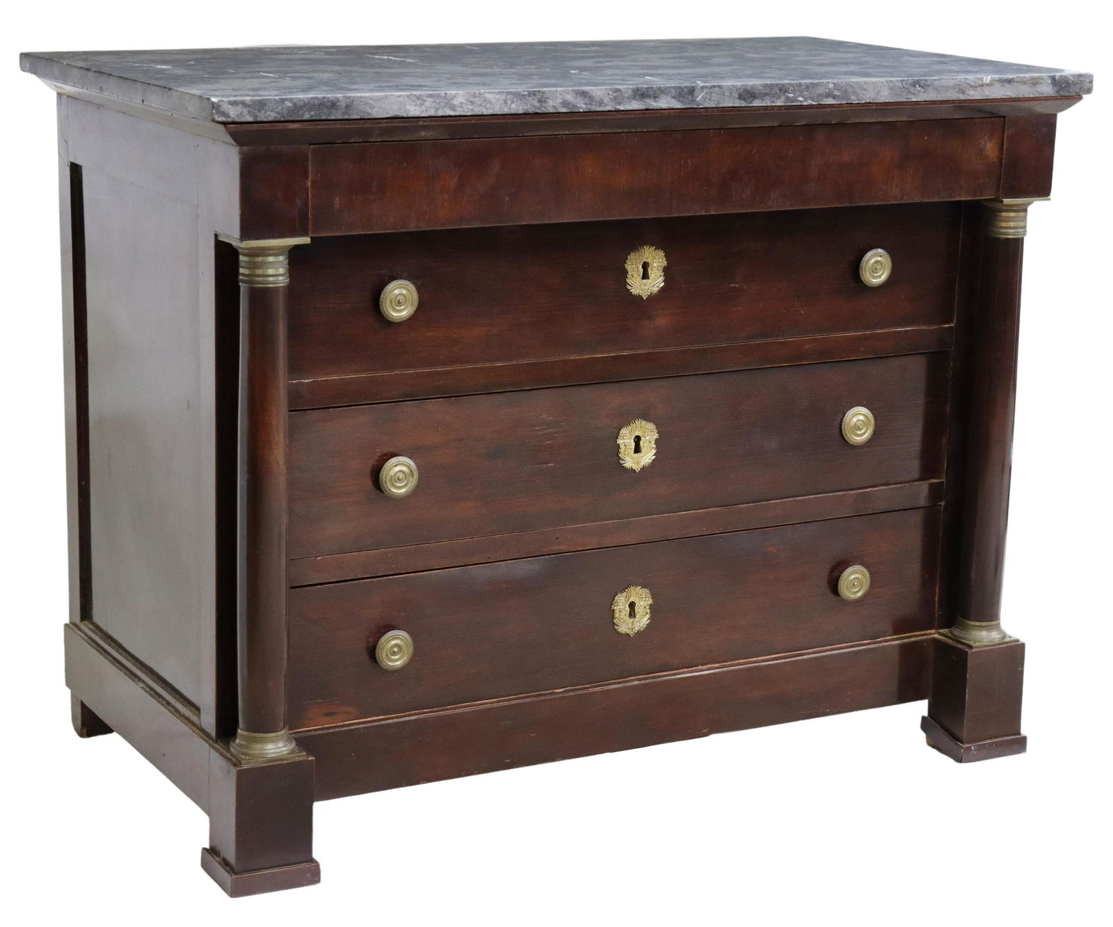 FRENCH EMPIRE STYLE MARBLE-TOP MAHOGANY COMMODE: French Empire style mahogany commode, 19th c., having marble top, frieze drawer, over three additional drawers, flanked by turned columnar supports, rising on block feet, approx 35"h, 45.75"w, 24.75"d