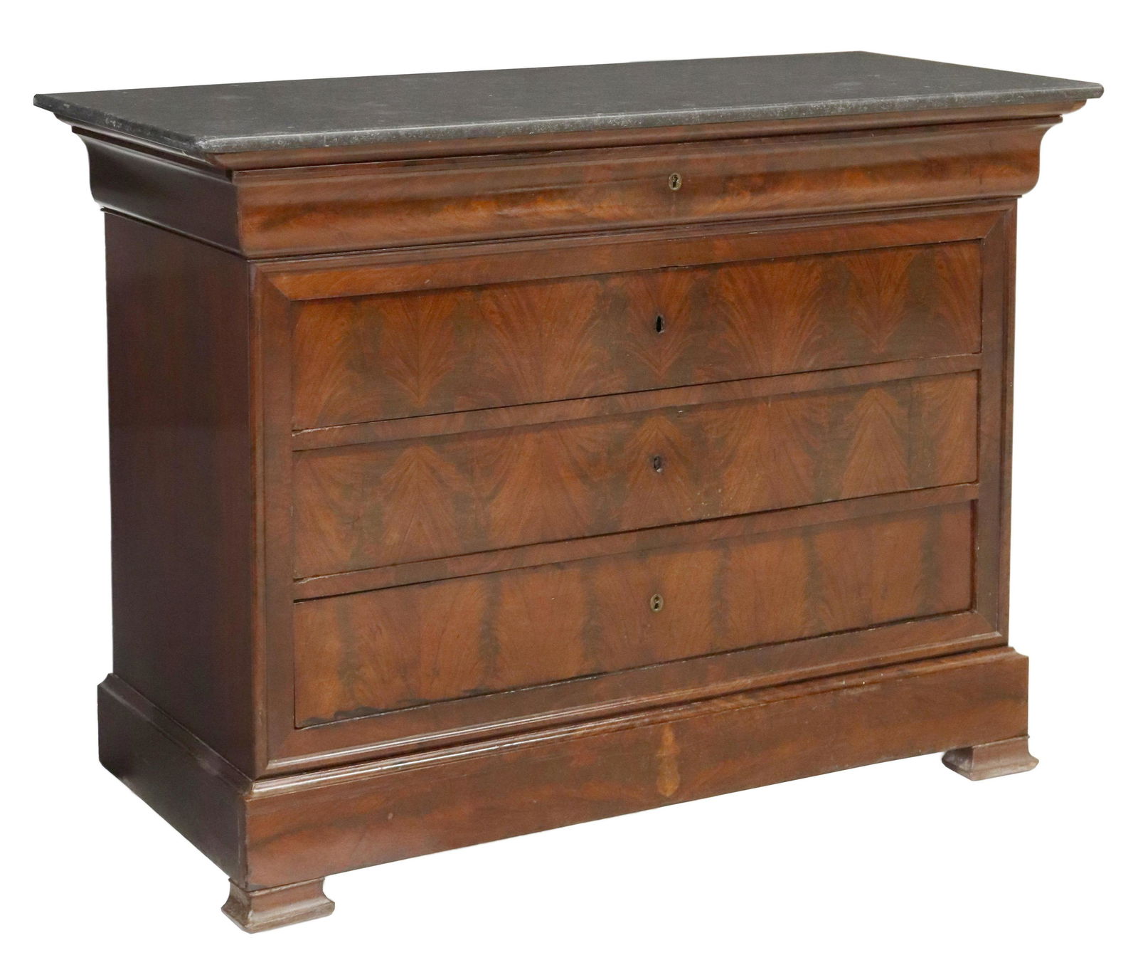 FRENCH LOUIS PHILIPPE MARBLE-TOP MAHOGANY COMMODE: French Louis Philippe period marble-top commode, mid 19th c., mahogany case fitted with an ogee frieze drawer, over four additional drawers, lowest drawer concealed in base molding, rising on bracket