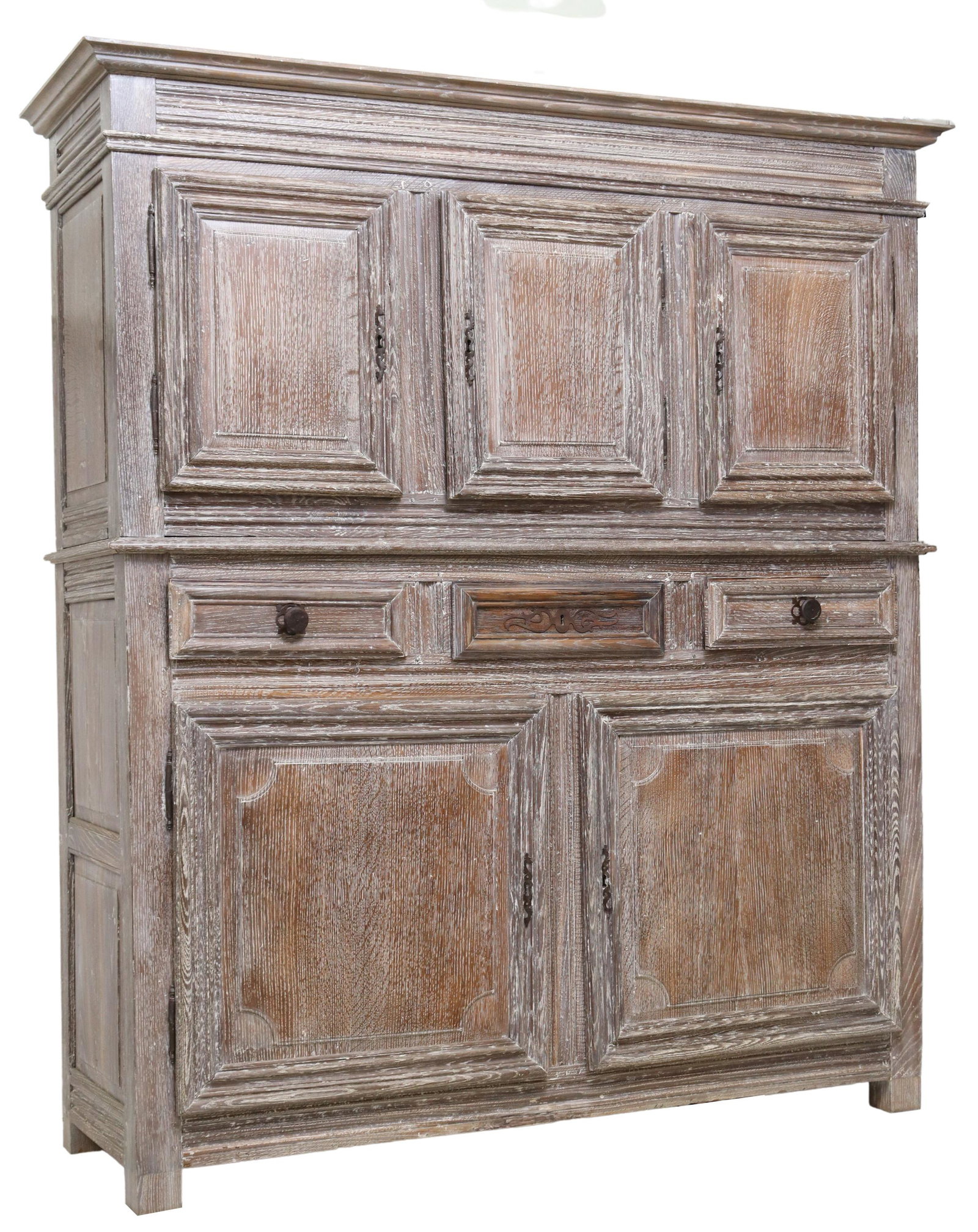 FRENCH PROVINCIAL DISTRESSED FINISH SIDEBOARD: French Provincial sideboard, 19th c., in a later distressed painted finish, having stepped cornice, over three cabinet doors, three drawers, above two additional cabinet doors, shelved interior, raise