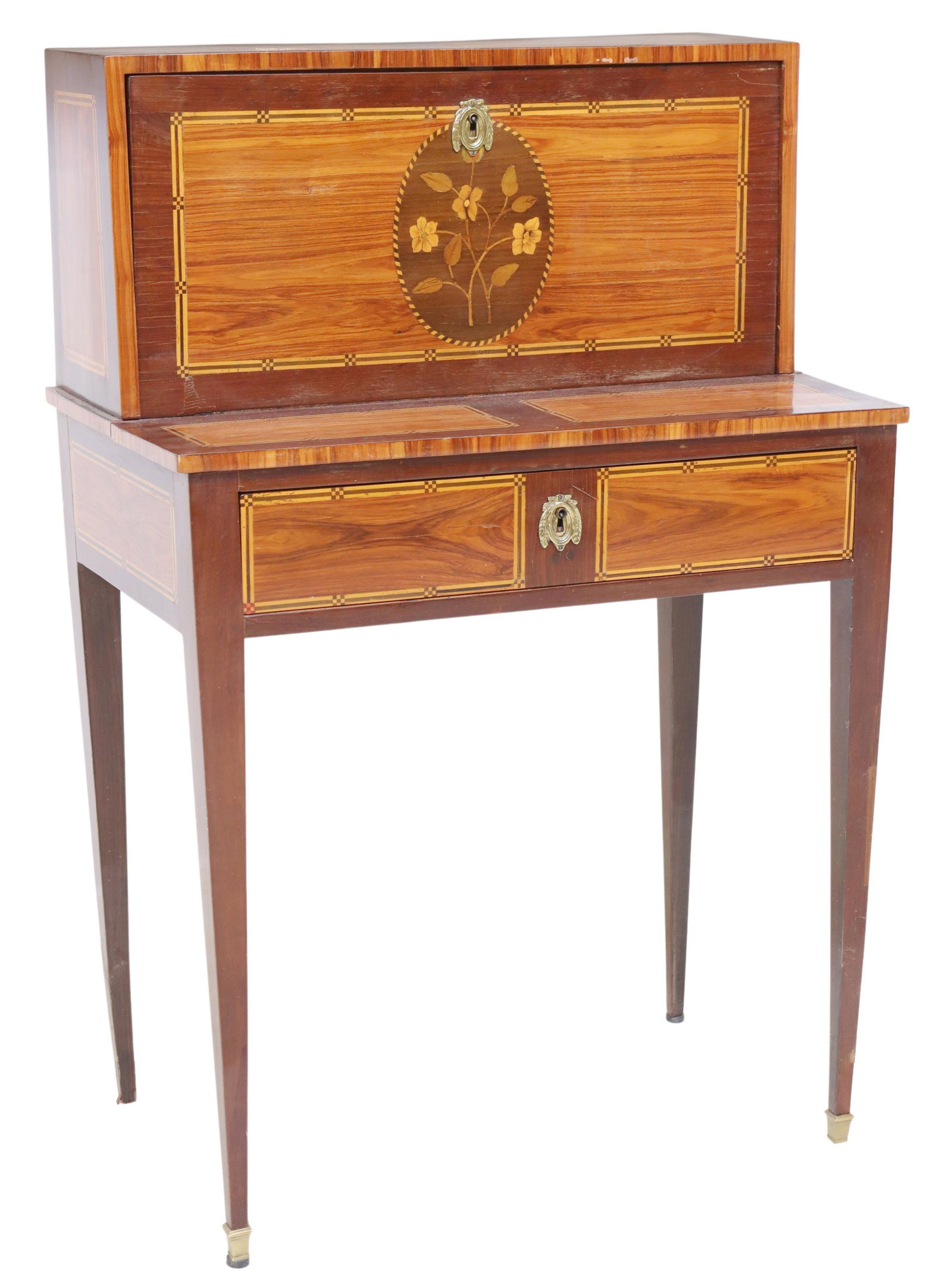 FRENCH LOUIS XVI STYLE INLAID BONHEUR DE JOUR DESK: French Louis XVI style inlaid bonheur de jour/ writing desk, late 19th c., having fall front panel, opening to leather writing surface, interior gallery fitted with three drawers, over additional lowe