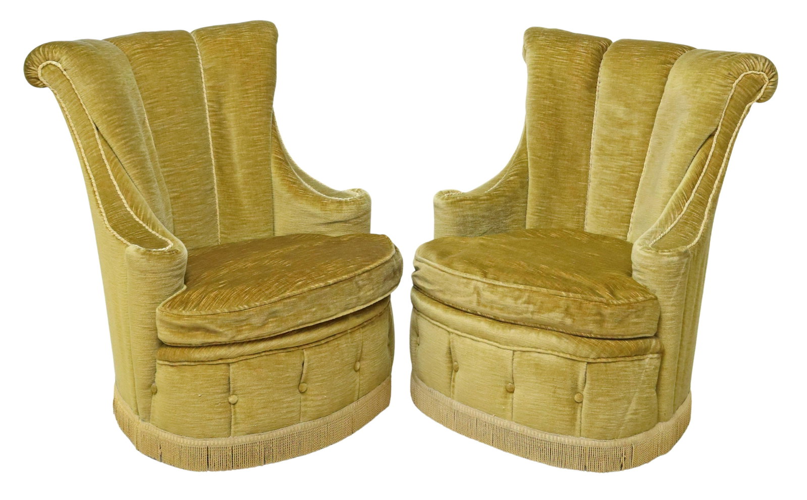(2) FRENCH UPHOLSTERED SLIPPER CHAIRS/ BERGERES: (pair) French upholstered slipper chairs, early 20th c., having channel-tufted rolled back, short conforming arms, button-tufted apron, over fringe, rising on casters, approx 31.75"h, 27.25"w, 28"d, s