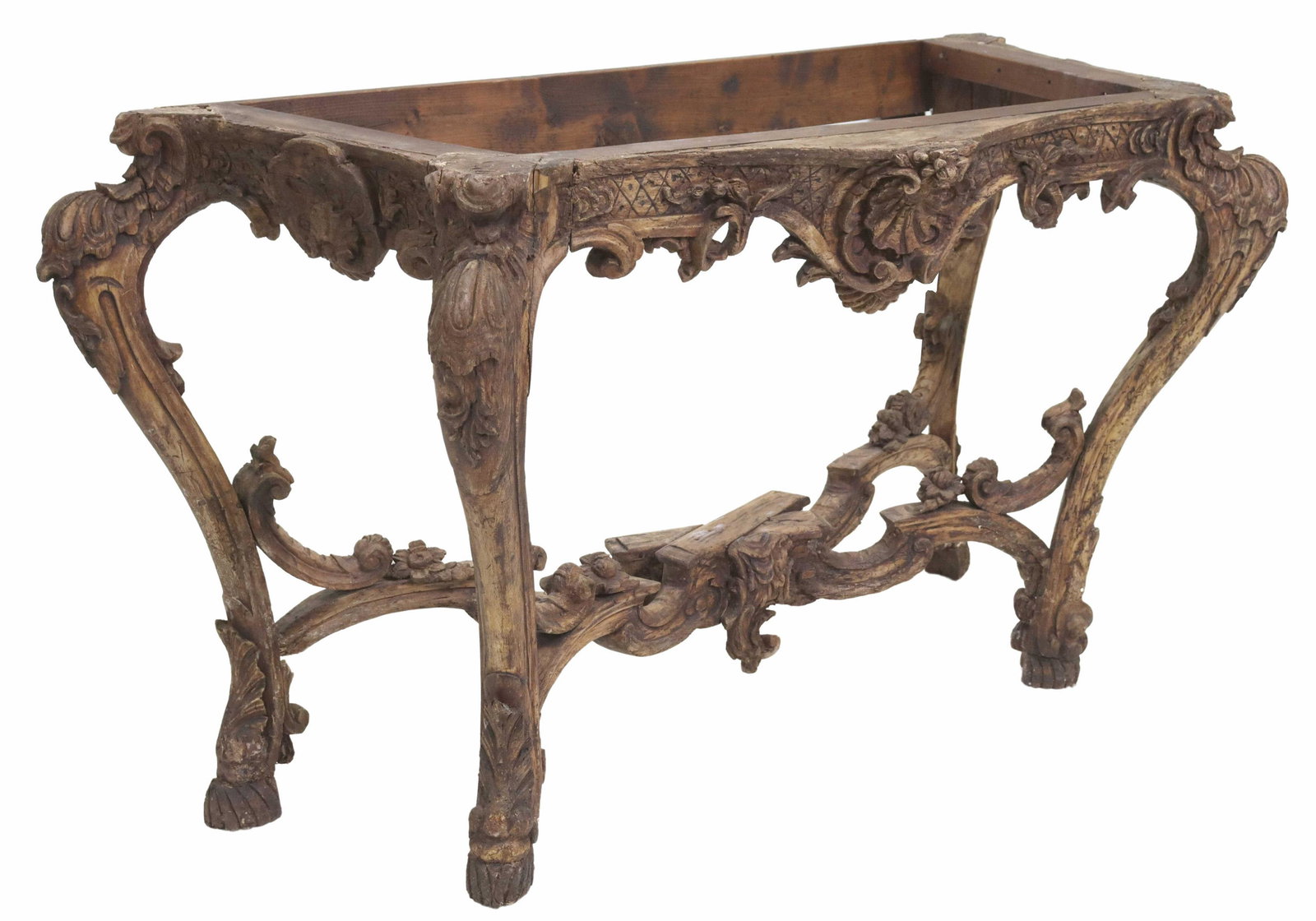 LOUIS XV STYLE CARVED WOOD CONSOLE TABLE BASE: Louis XV style carved wood console table base, 19th c., having shell apron, over foliate carved cabriole legs, joined with scrolling cross stretcher, rising on shaped feet, some wood loss, frame likel
