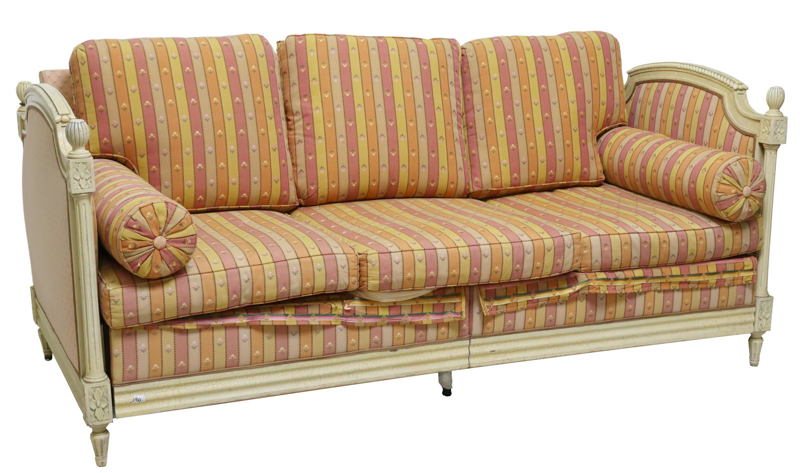 LOUIS XVI STYLE PAINTED CONVERTIBLE SOFA BED: Louis XVI style craquelure painted convertible sofa, 20th c., having three removable seat cushions, over pull-out bed, fluted side supports, rising on tapered legs, lacking interior mattress, closed: 