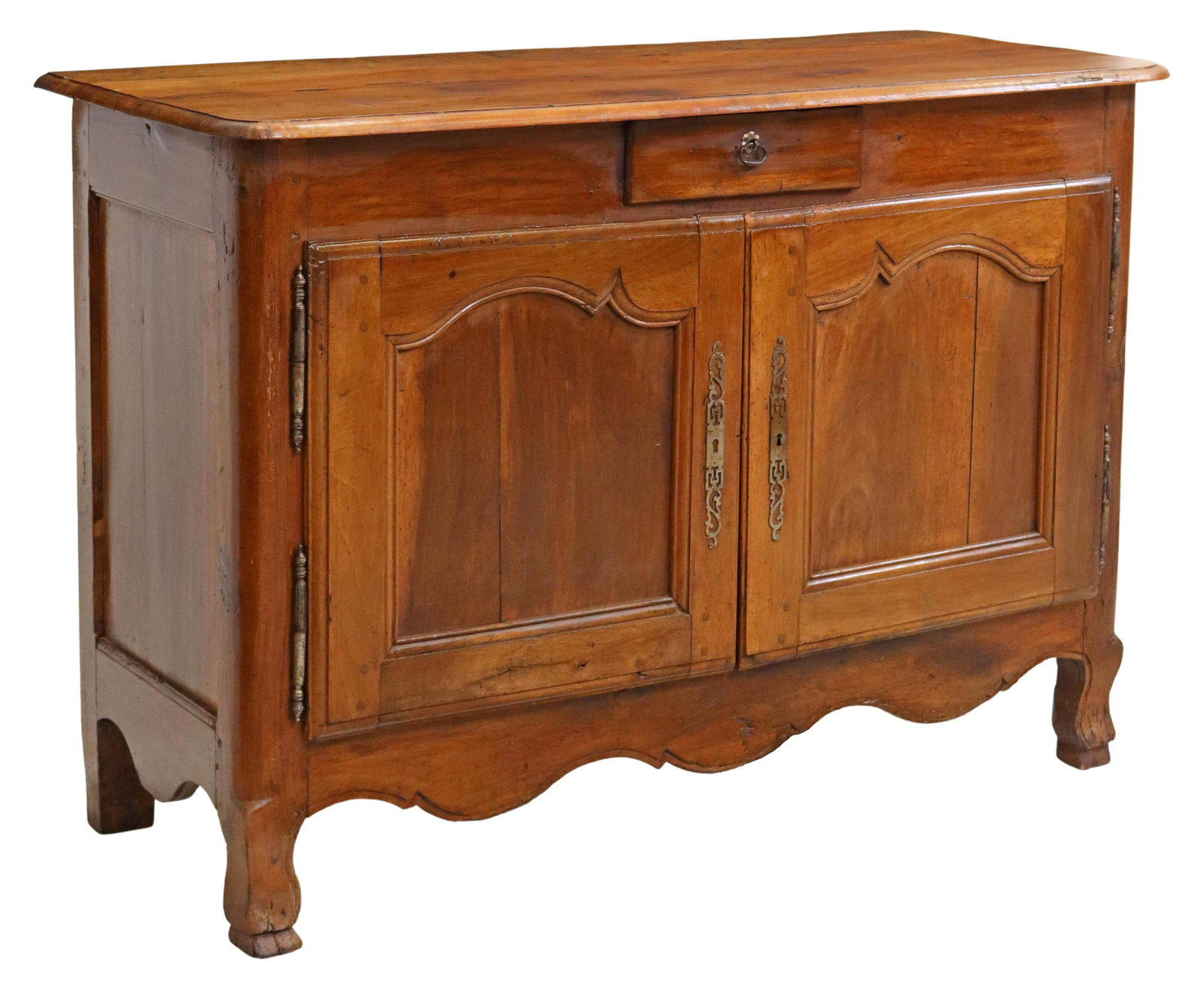 FRENCH PROVINCIAL FRUITWOOD & WALNUT SIDEBOARD: French Provincial fruitwood and walnut sideboard, 19th c., small drawer, over double-door cabinet, interior shelf, evidence of old wood worm, later lock hardware, approx 39"h, 56"w, 23"d Start Price: 