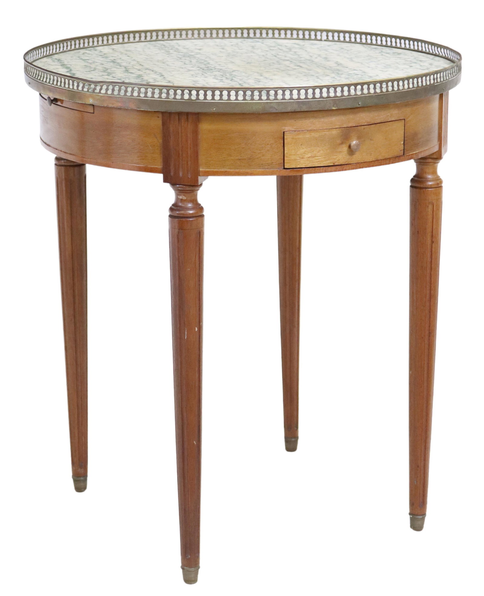 FRENCH LOUIS XVI STYLE MARBLE-TOP BOUILLOTTE TABLE: French Louis XVI style bouillotte table, 20th c., pierced brass gallery enclosing the marble top, over two drawers, two pull-out slides, rising on tapering fluted legs, approx 29"h, 26"diam Start Pric