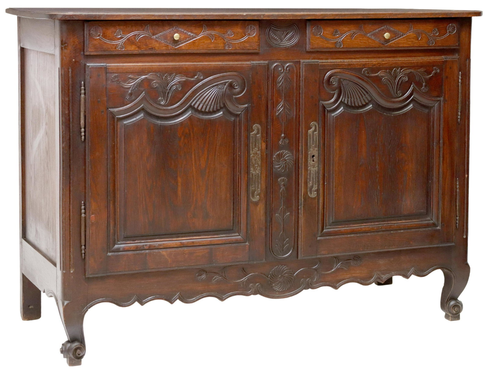 FRENCH PROVINCIAL LOUIS XV STYLE OAK SIDEBOARD: French Louis XV style oak sideboard, late 19th c., two drawers, over two cabinet doors, scalloped apron, rising on whorl feet, separation between boards at top and side panels, approx 39"h, 54"w, 22.5
