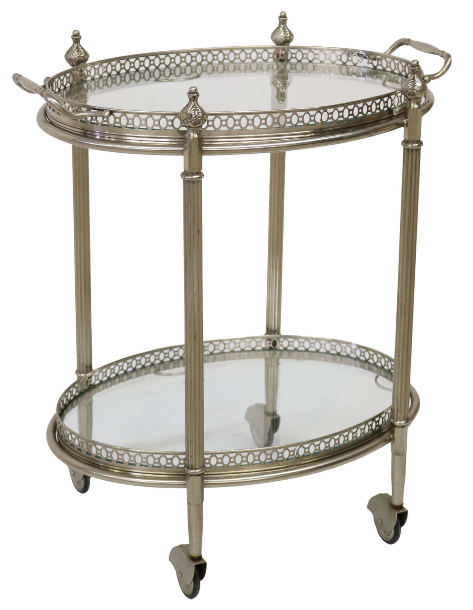 LOUIS XVI STYLE SILVER-TONE METAL SERVICE CART: French Louis XVI style silver-tone metal service cart, 20th c., two glass tiers with pierced gallery, removable handled top tray, rising on casters, approx 23.25"h, 19 7/8"w, 14"d Start Price: $100.00