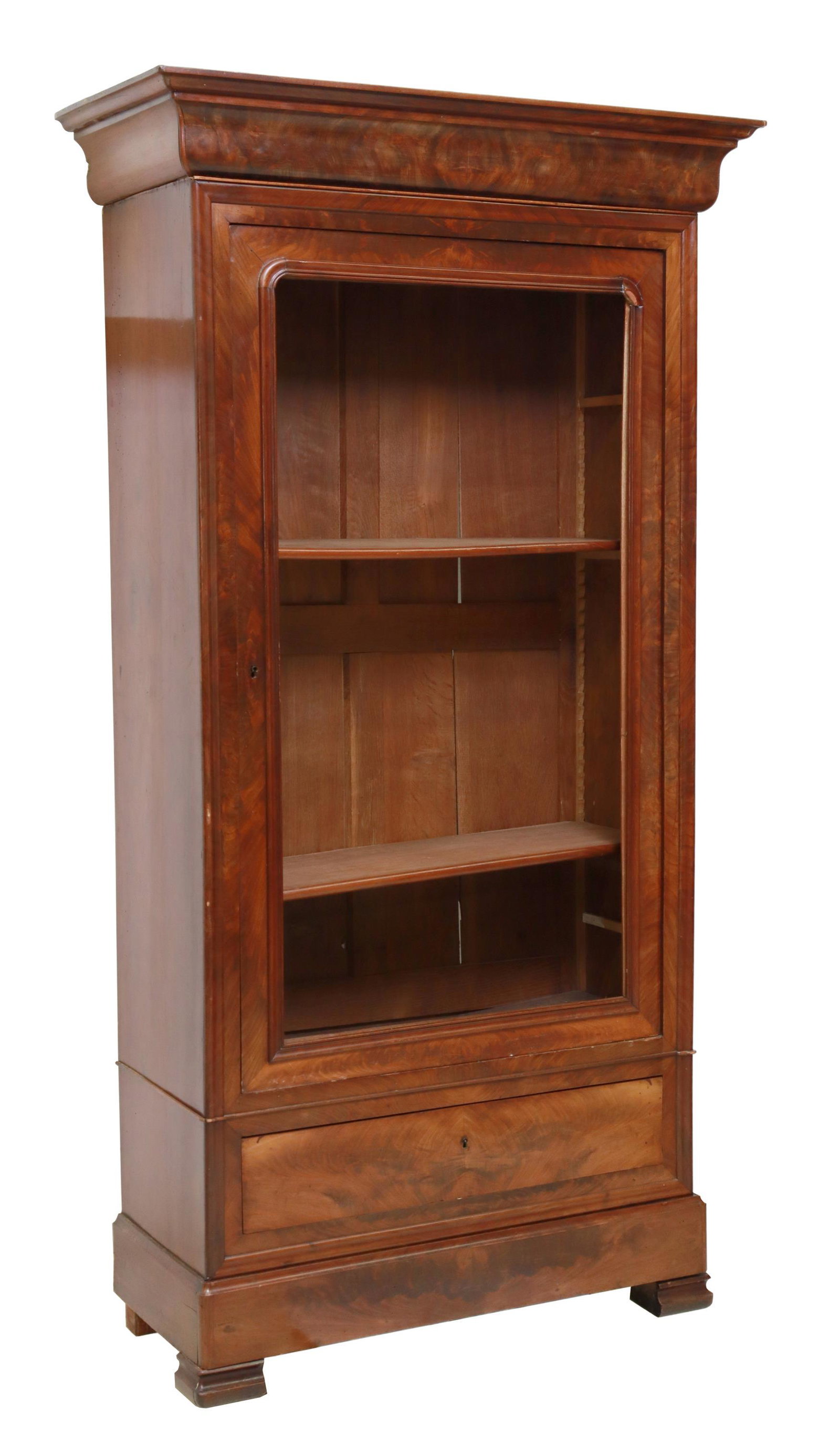 FRENCH LOUIS PHILIPPE PERIOD MAHOGANY BONNETIERE: French Louis Philippe period mahogany bonnetiere, mid 19th c., ogee molded cornice, over a single door, lower exterior drawer, rising on bracket feet, door lacking glass pane, approx 80.75"h, 42.5"w, 