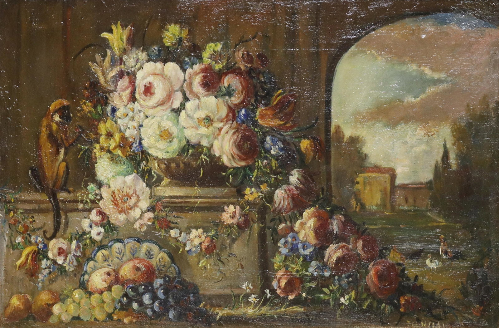 BIANCHI OIL PAINTING LANDSCAPE VASE OF FLOWERS: Framed oil on canvas painting mounted to panel, Landscape with Vase of Flowers, signed lower right Bianchi (?), sight: approx 12.5"h, 18.75"w, overall: 21"h, 27.25"w, 8.25lbs Start Price: $250.00