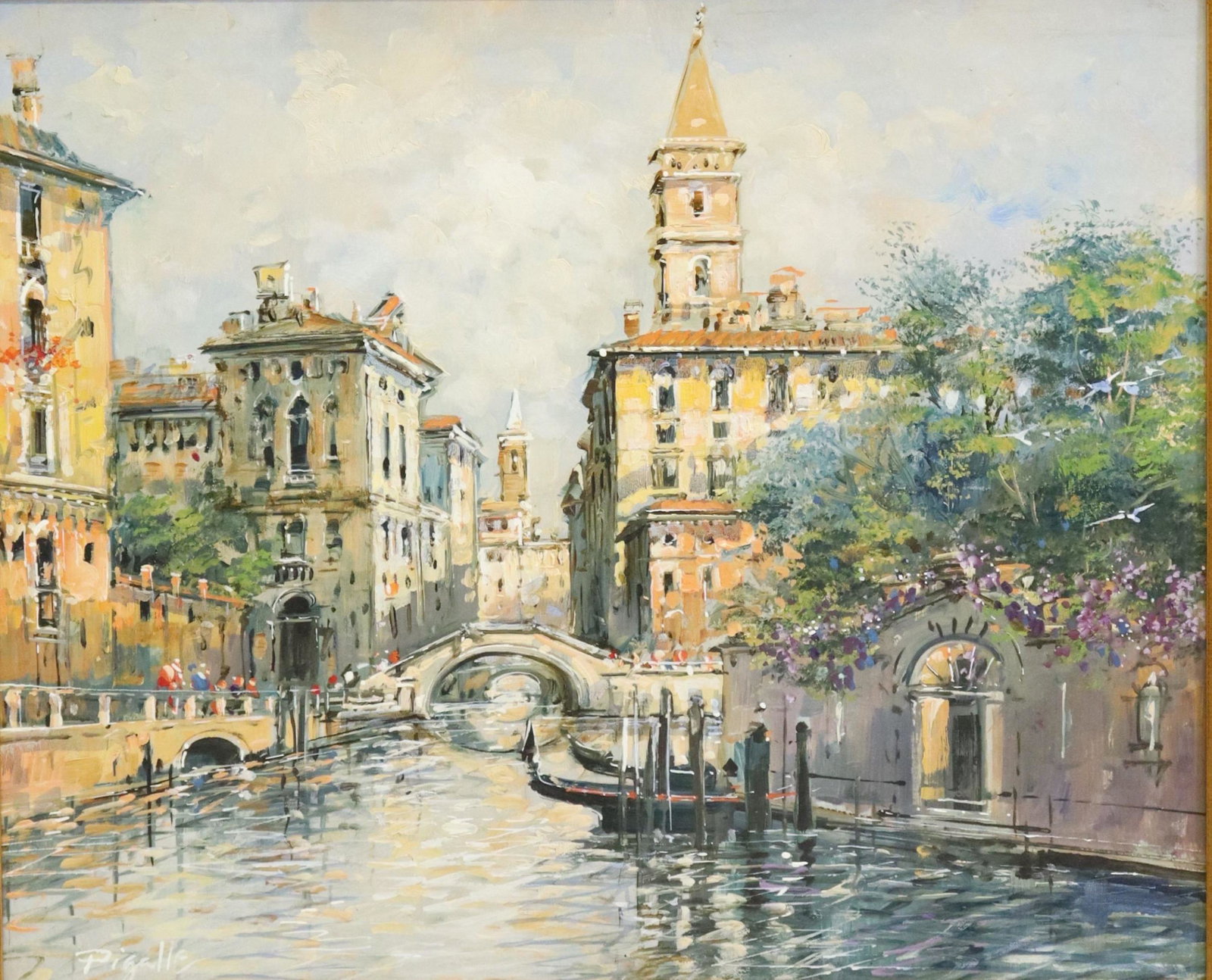 LUIGI PIGALLE (20TH C.) VENETIAN CANAL SCENE O/C: Framed oil on canvas painting, Venetian Canal Scene, signed lower left Pigalle (Luigi Pigalle, 20th c.), sight: approx 19.25"h, 23"w, overall: approx 27"h, 30 7/8"w, 10lbs Start Price: $80.00