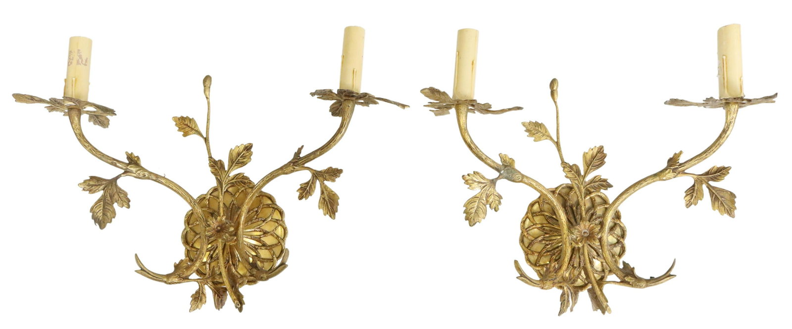 (2) FRENCH LOUIS XV STYLE 2LT FOLIATE WALL SCONCES: (pair) French Louis XV style gilt metal two-light wall sconces, late 19th c., each having scalloped wall mount, issuing two branch-form arms, ending on foliate bobeches and faux candles, in need of wi