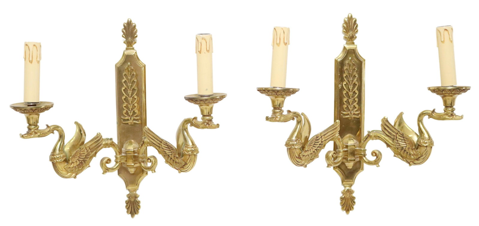 (2) FRENCH EMPIRE STYLE SWAN 2-LT WALL SCONCES: (pair) French Empire style gilt metal two-light wall sconces, late 19th c., having paneled wall mount, issuing two figural swan-form arms, ending on scalloped bobeches and faux candles, in need of wir