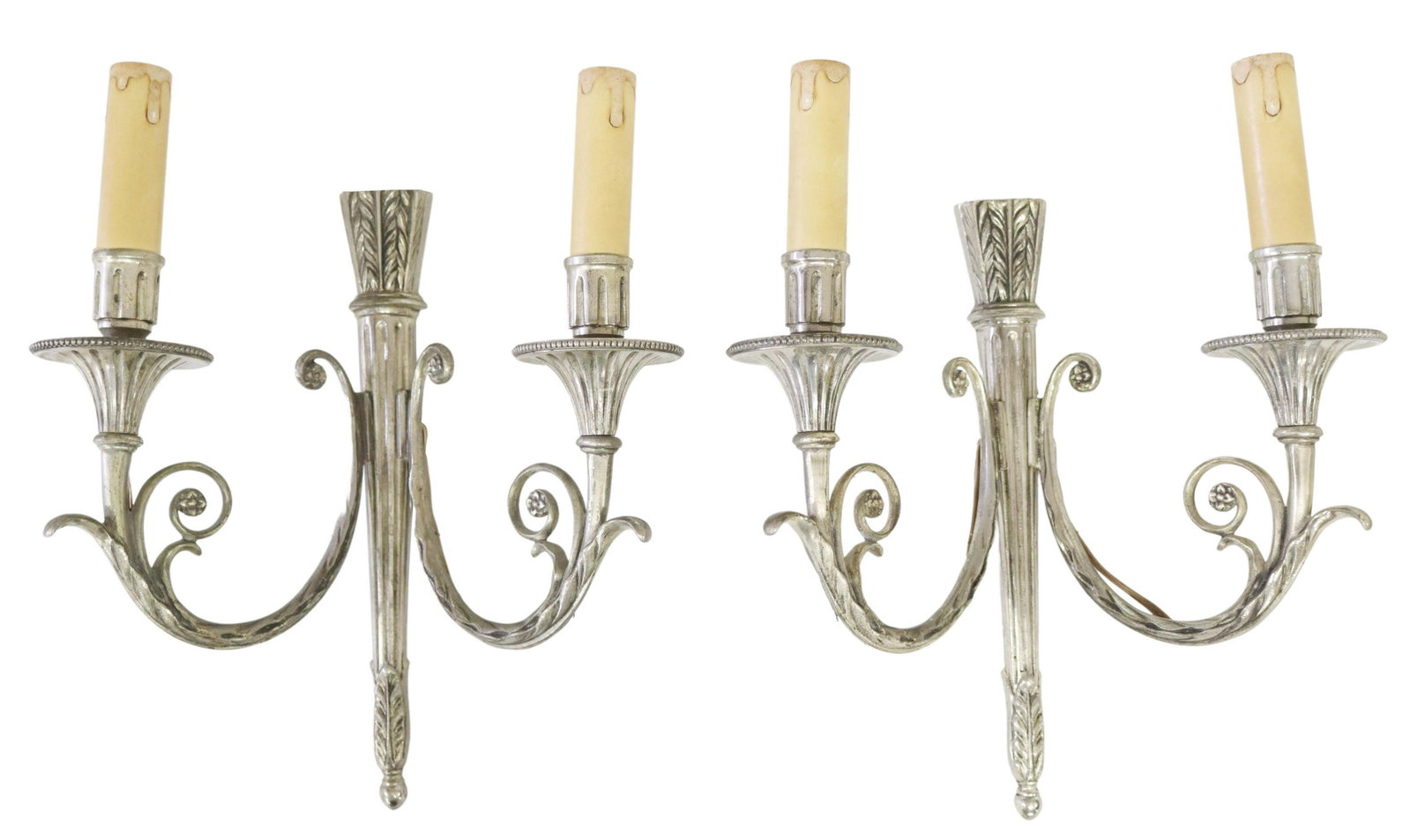 2) FRENCH LOUIS XVI STYLE SILVER-TONE WALL SCONCES: (pair) French Louis XVI style silver-tone metal two-light wall sconces, 20th c., having fluted and tapered standard, issuing scrolling foliate arms, ending in beaded bobeches, in need of wiring, appro