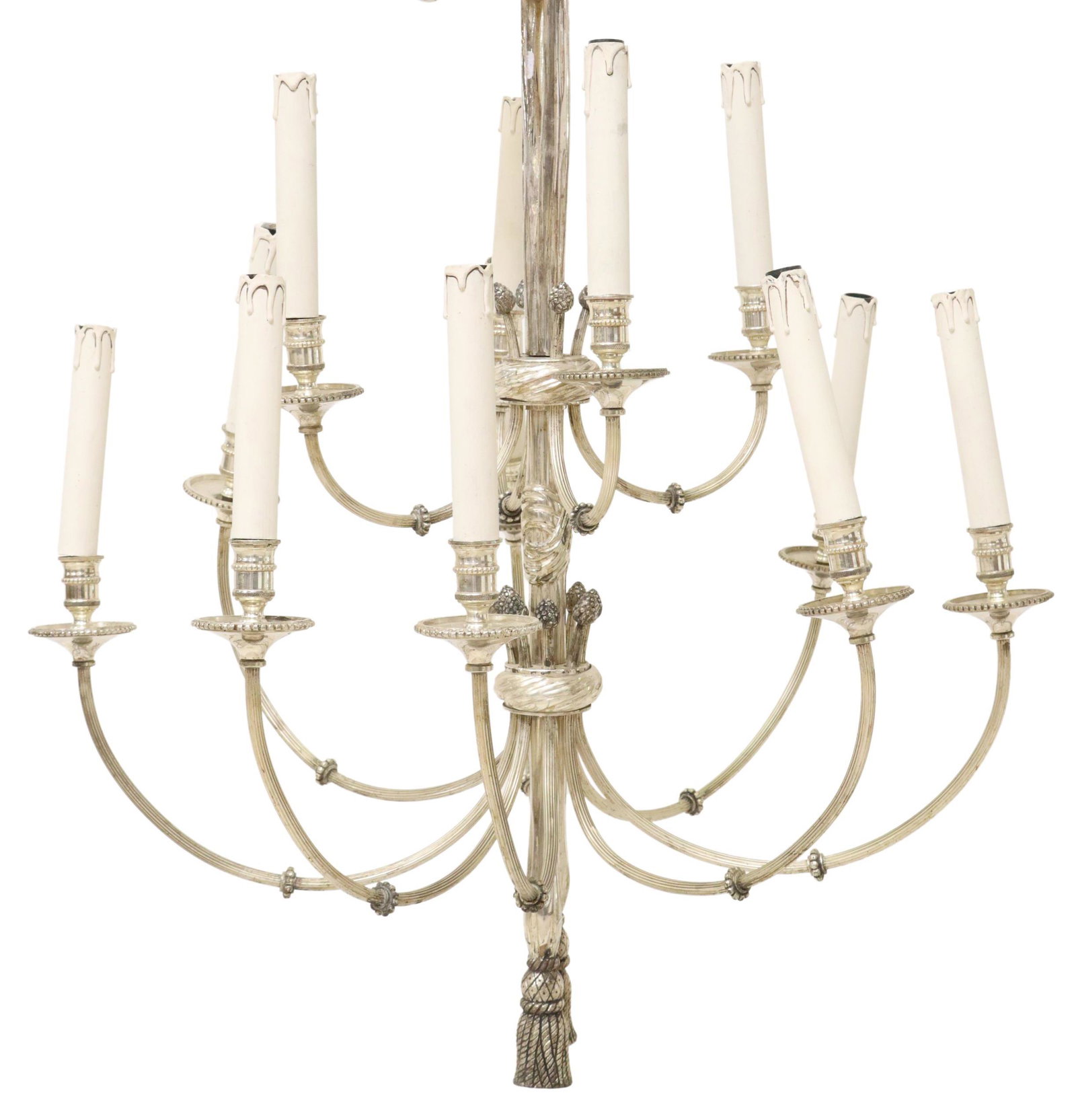 FRENCH LOUIS XVI STYLE SILVER-TONE 12LT CHANDELIER: French Louis XVI style silver-tone metal 12-light chandelier, 20th c., having tired rope and tassel standard, issuing two tiers of fluted arms, ending in beaded bobeches, in need of wiring, approx 33"