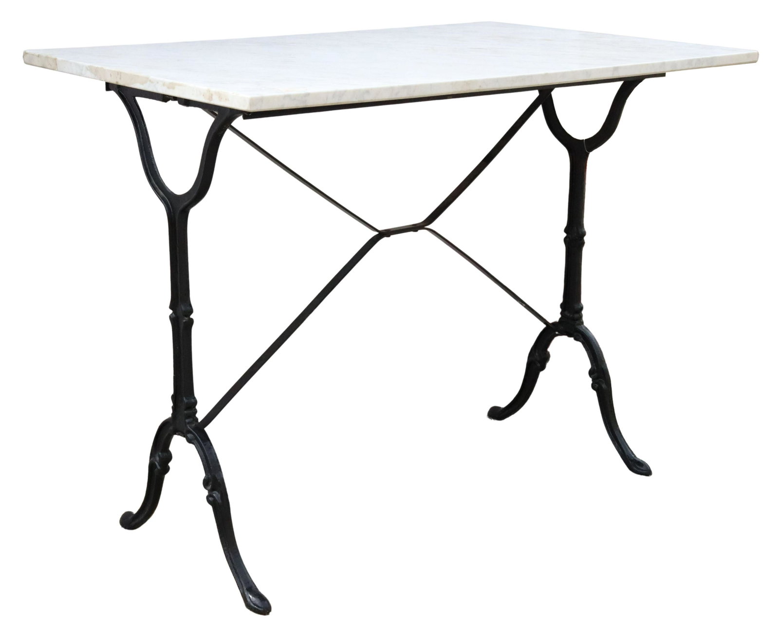 FRENCH MARBLE & IRON BISTRO TABLE: French marble and iron bistro table, 20th c., rectangular marble top, rising on black iron base, approx 28.75"h, 37.75"w, 23.75"d Start Price: $150.00