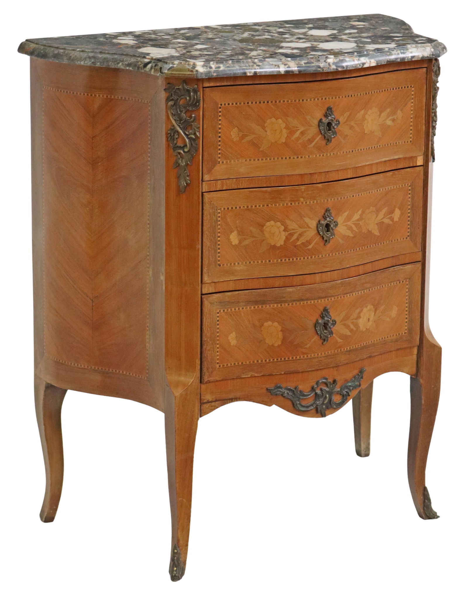 LOUIS XV STYLE MARQUETRY & MARBLE-TOP COMMODE: French Louis XV style commode, 20th c., having shaped marble top, over serpentine case with floral marquetry, three drawers, rising on cabriole legs, ending on sabots, approx 31"h, 27"w, 14.5"d Start