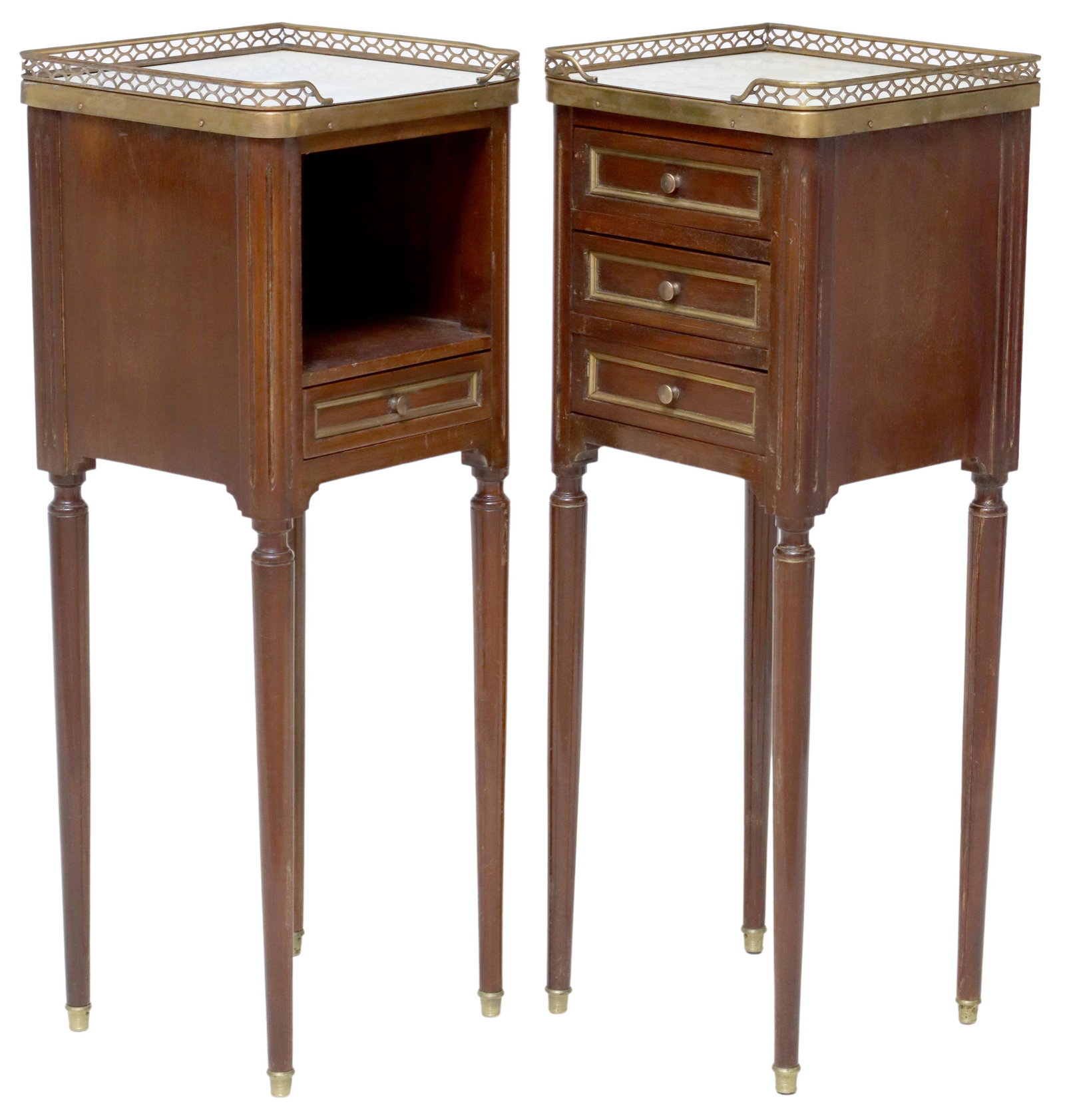 (2) FRENCH LOUIS XVI STYLE MARBLE-TOP NIGHTSTANDS: (lot of 2) French Louis XVI style mahogany nightstands, early 20th c., pierced metal three-quarter gallery, enclosing the marble top, (one) with three drawers, (one) with drawer over open niche, risin