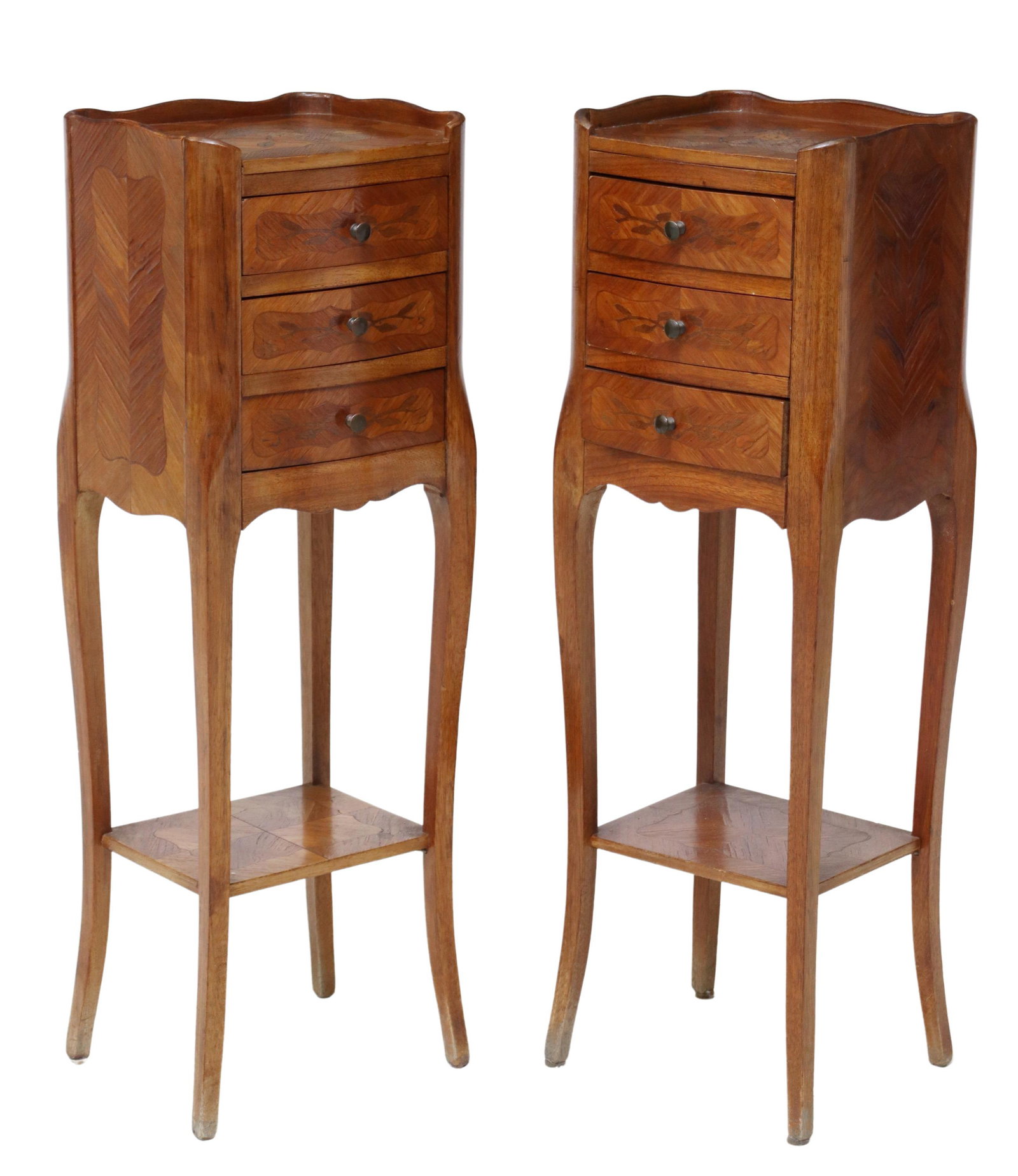 (2) FRENCH LOUIS XV STYLE MARQUETRY NIGHTSTANDS: (pair) French Louis XV style inlaid nightstands, early 20th c., having shaped top with simple foliate marquetry, over three drawers, rising on cabriole legs, joined by medial shelf, approx 29"h, 9.5"w