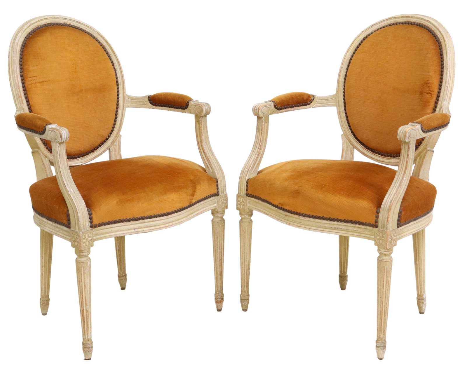 (2) FRENCH LOUIS XVI STYLE UPHOLSTERED FAUTEUILS: (pair) French Louis XVI style painted armchairs, 20th c., having rounded back, orange upholstery with nailhead trim, scrolled handholds, rising on fluted and tapered legs, ending on blunt arrow feet, 