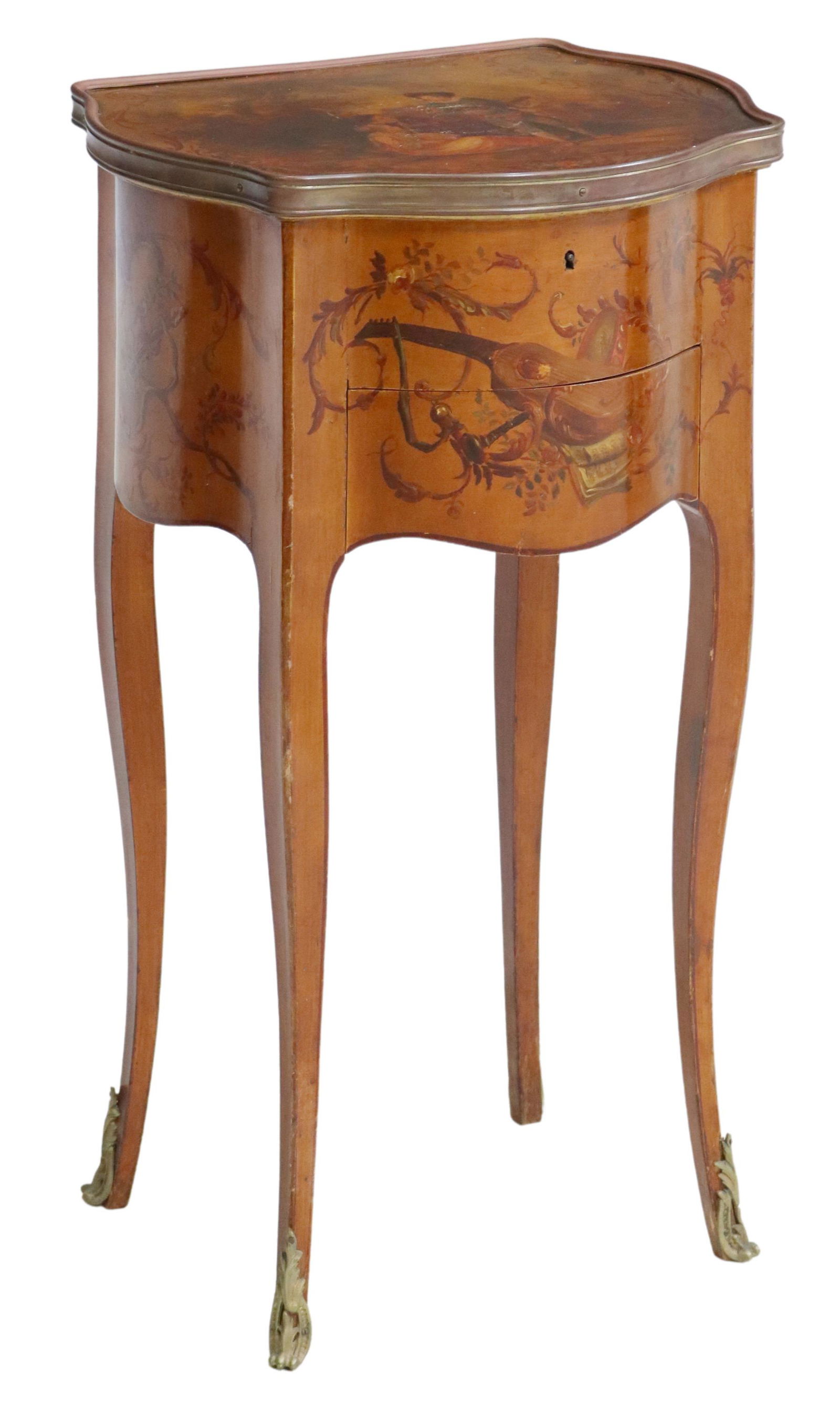 FRENCH LOUIS XV STYLE PAINTED WOOD TRAVAILLEUSE: French Louis XV style painted wood travailleuse/ sewing table, early 20th c., having hinged top, revealing flat mirror plate and open interior, over single drawer, top painted with figural courting sc