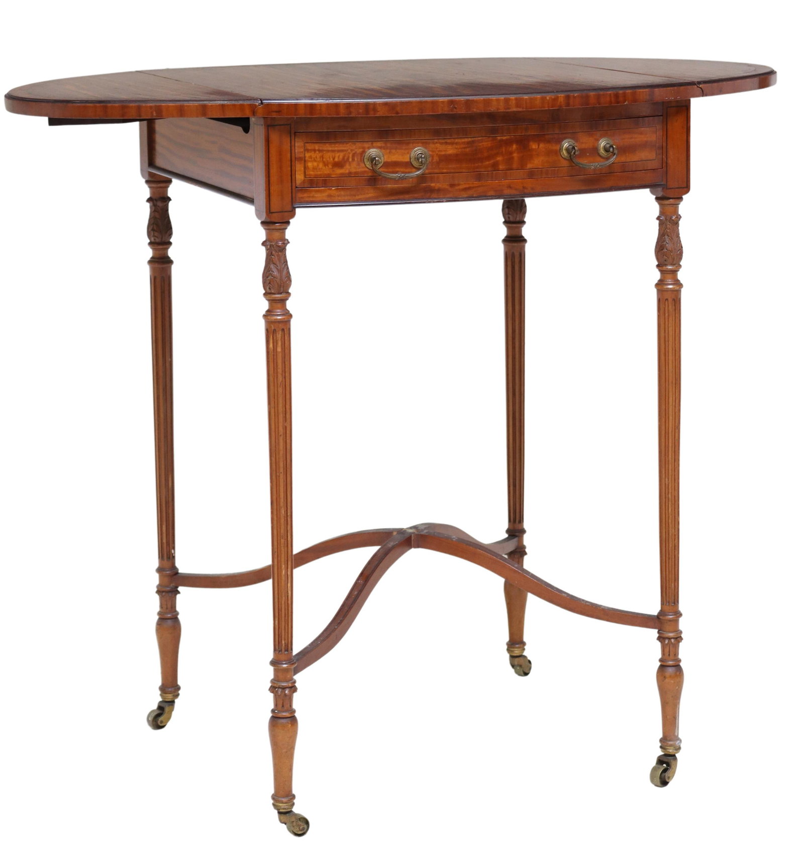 ENGLISH EDWARDIAN PEMBROKE-STYLE SIDE TABLE: English Edwardian pembroke-style side table, early 20th c., banded satinwood top, with dual drop leaves, over a single frieze drawer, rising on fluted legs, joined by cross stretcher, ending on caster