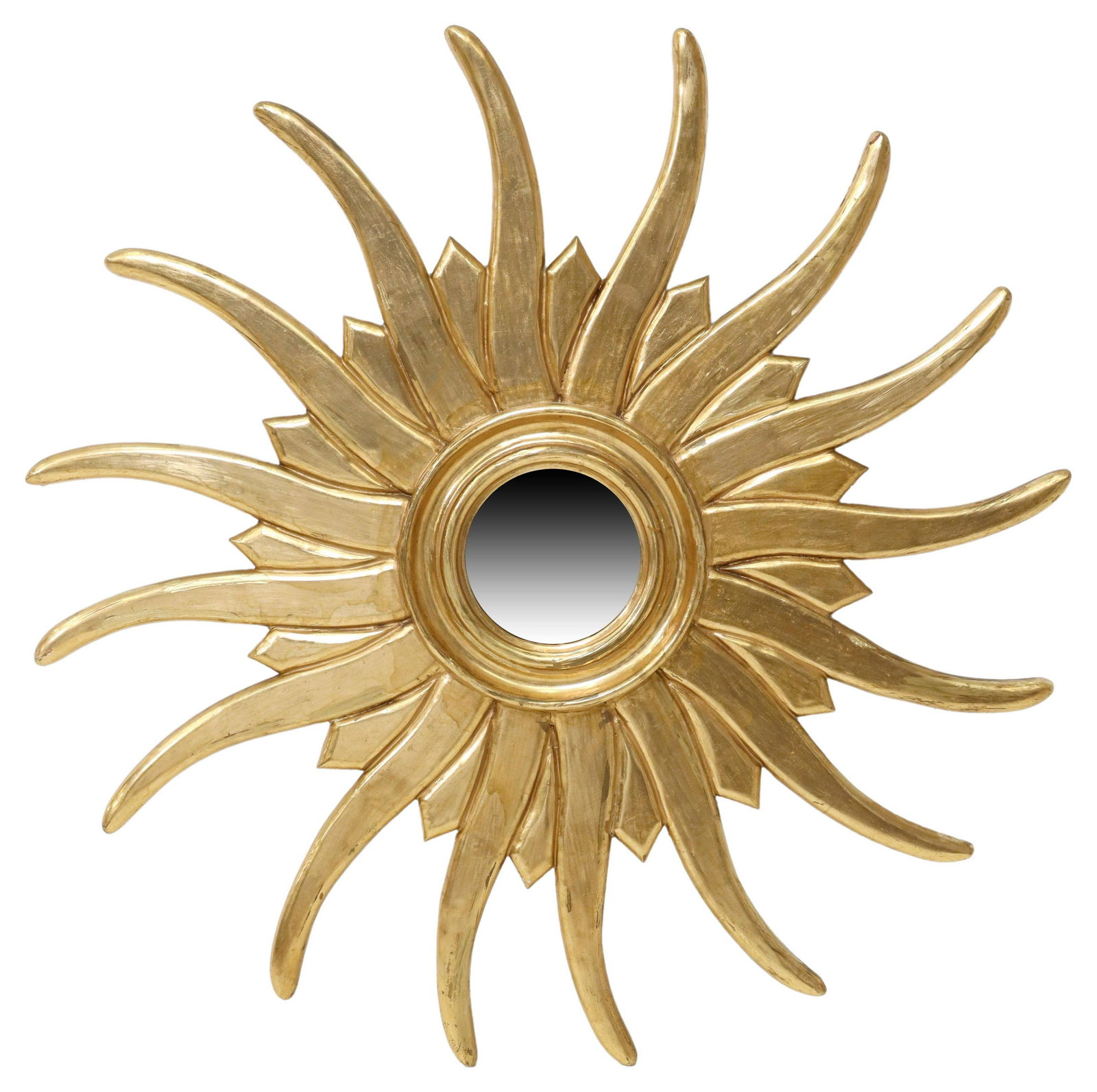 CONTINENTAL CARVED GILTWOOD SUNBURST MIRROR: Continental carved giltwood sunburst wall mirror, 20th c., encasing slightly convex mirror plate, approx 39.75"diam, 10.5lbs Start Price: $200.00
