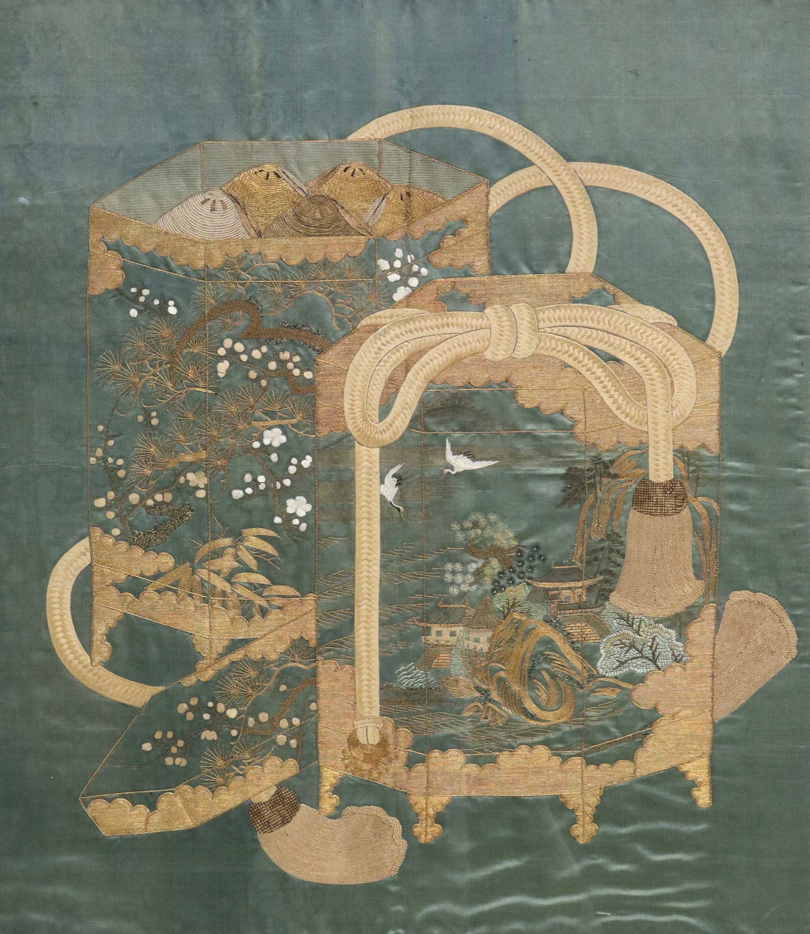 JAPANESE METALLIC THREAD EMBROIDERY ON SILK PANEL: Framed Japanese metallic thread embroidery on green silk panel, sight: approx 31.5"h, 27.5"w, overall: 34.5"h, 30.5"w, 16.75lbs Start Price: $80.00