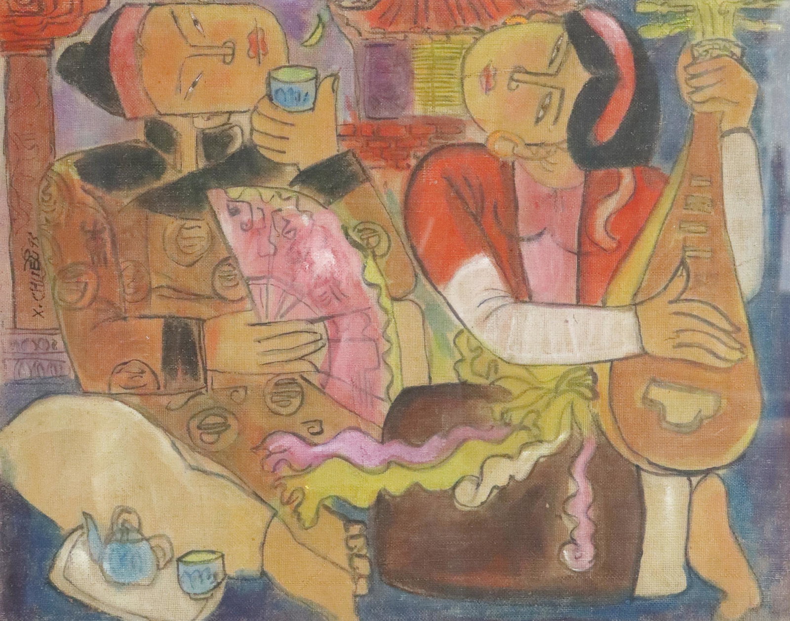 SIGNED PAINTING FIGURES PLAYING MUSIC DRINKING TEA: Framed painting on textile, Two Figures Playing Music and Drinking Tea, signed center left, dated [19]95, sight: approx 15"h, 19"w, overall: 20.25"h, 24.25"w, 4.75lbs **Provenance: Designer Courtney B