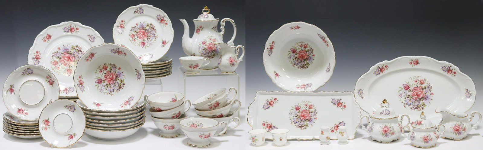 (53) BAVARIAN HERTEL JACOB PORCELAIN SERVICE: (lot of 53) Bavarian porcelain dinner service, Hertel Jacob, pattern number HEJ34, assembled, in pastel floral bouquets, with scalloped rim, including: (8) dinner plates, approx 10.25"diam, (8) salad 