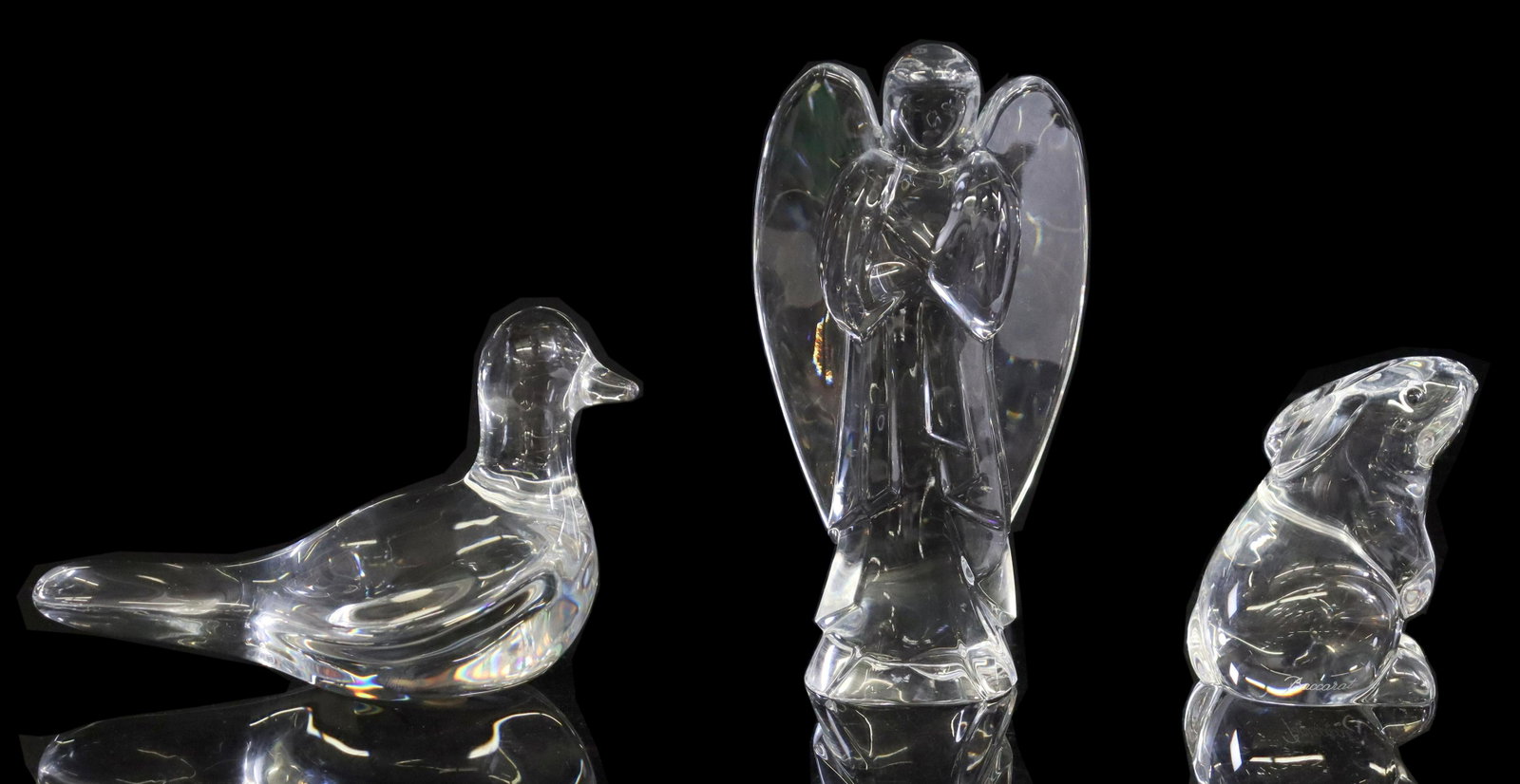 (3) FRENCH BACCARAT CRYSTAL CABINET FIGURES: (lot of 3) French crystal figures, Baccarat, including: (1) sitting rabbit, approx 3 1/8"h, (1) bird, approx 3.5"h, (1) angel, approx 6"h; all with acid-etched mark, 3lbs total Start Price: $80.00