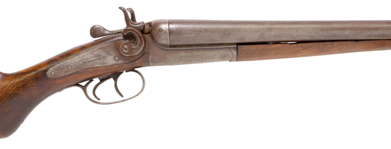 ANTIQUE BELGIUM DOUBLE BARREL BERTRAND SHOTGUN: Antique Side by Side 12 gauge shotgun marked at lockplates Ant. Bertrand & Son (Antoine Bertrand & Son, Liege, Belgium), C. 1890, numerous proof markings at barrel and water table, 30' barrels with so