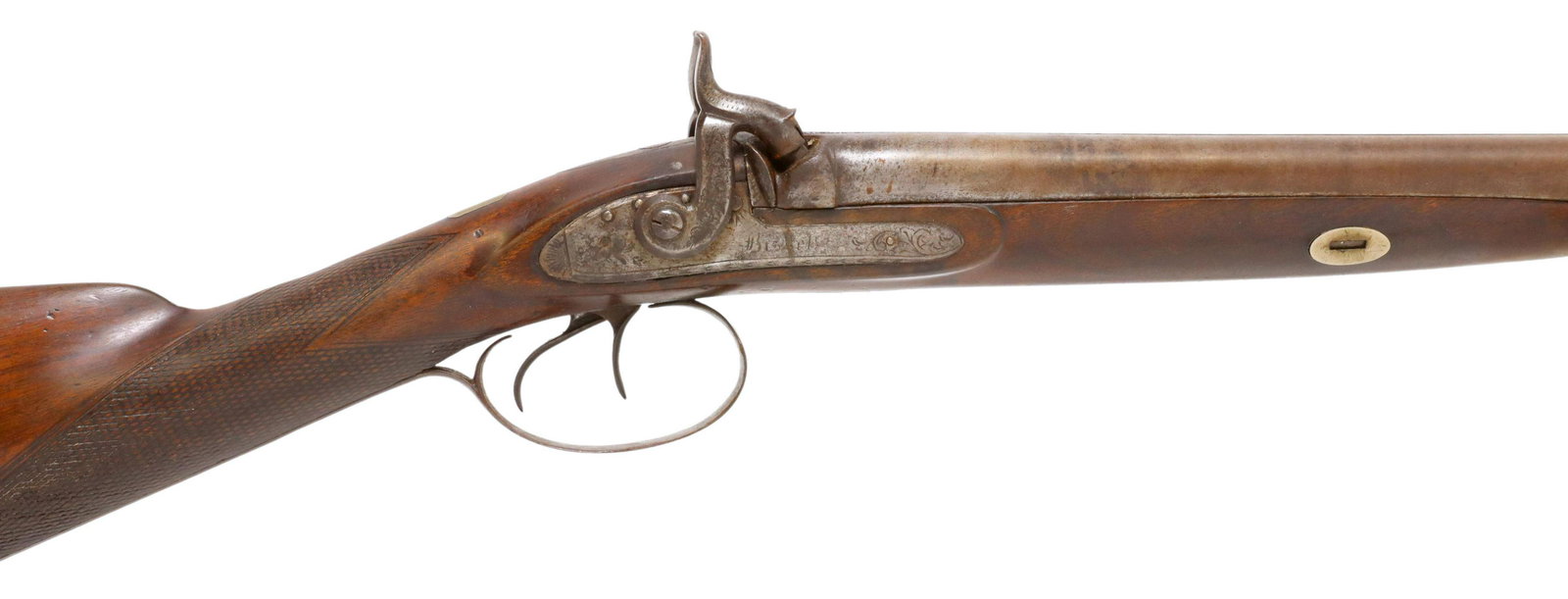 ANTIQUE BRITISH BISSELL MUZZLE LOAD SXS SHOTGUN: Civil War era antique percussion muzzleload side by side shotgun by Thomas Bissell (London, active 1857-1891), 20 gauge, 30" barrels stamped at the underside with Birmingham Proof House marks, flat ri