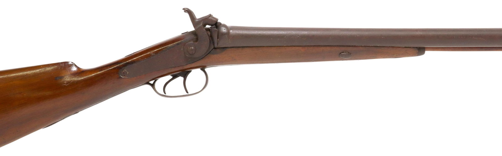 ANTIQUE BELGIUM DOUBLE BARREL SHOTGUN, PRE 1853: Antique Side by Side Percussion muzzle load shotgun having the 1810-1853 Liege, Belgium proof mark at barrel underside, likely Civil War use, 12 gauge, 34.25" barrel, solid rib, metal and wood ramrod,
