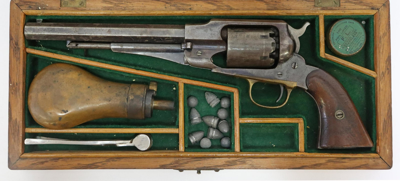 CASED REMINGTON NEW MODEL ARMY REVOLVER: Cased Remington New Model Army Revolver, .44 caliber, octagonal 8" barrel marked at the top on three lines "Patent Sept 14, 1858, E. Remington & Sons, Ilion, New York, U.S.A., New Model", marked at th