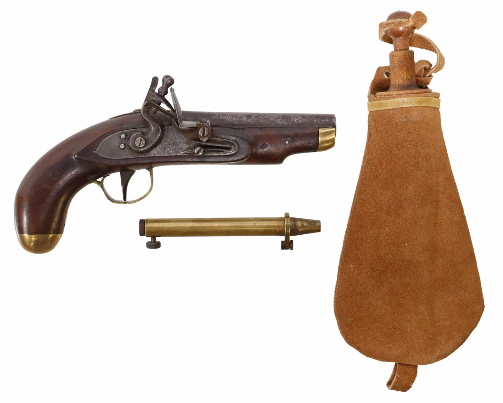 3) ANTIQUE FLINTLOCK PISTOL, POWDER MEASURE, POUCH: (lot of 3) Antique flintlock pistol, c.1850s, 4.25" round barrel, smooth bore approx 10 mm diameter, the barrel with two proof marks, brass front stock cap, trigger guard and butt cap, strong lock and