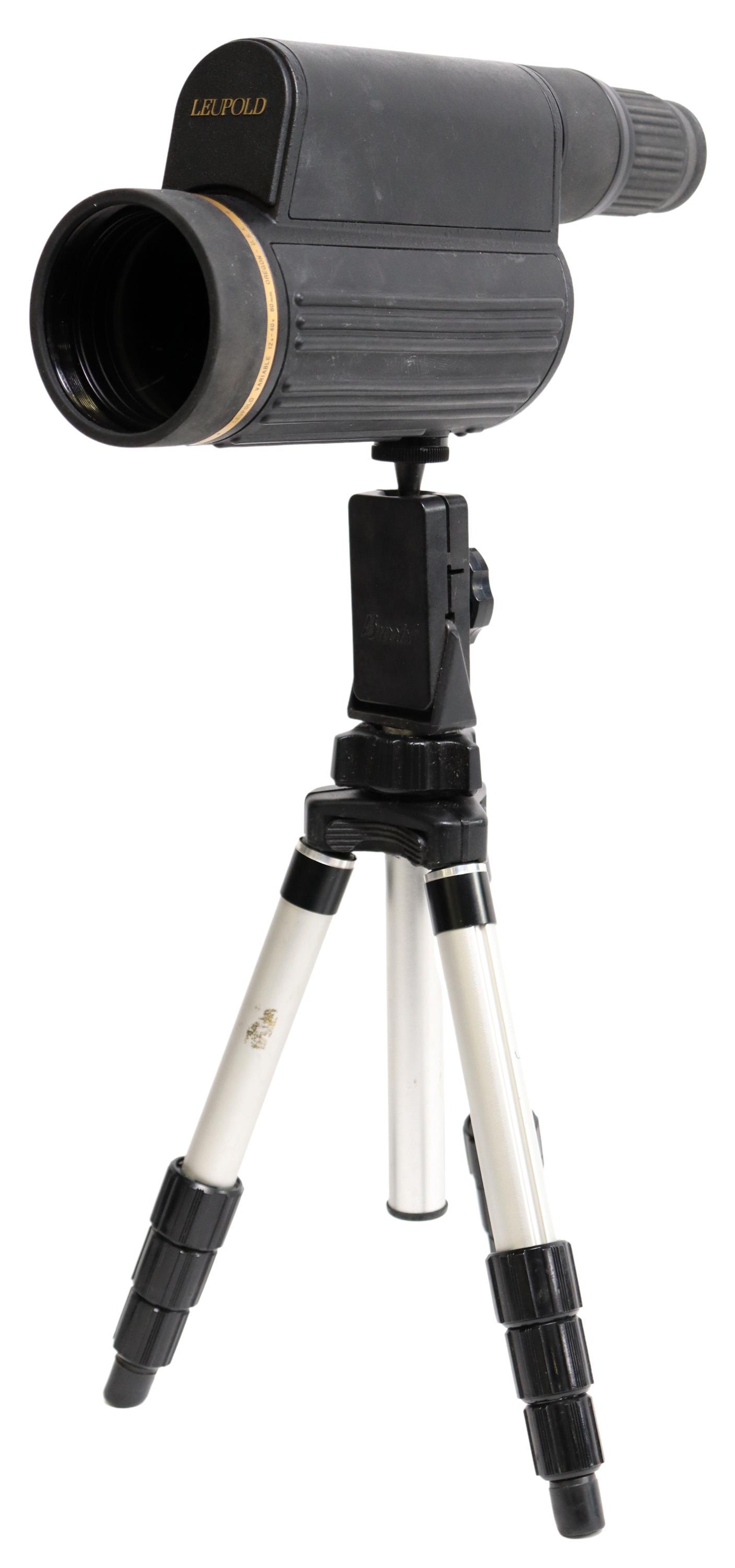 LEUPOLD 12 x 40 GOLDEN RING SPOTTING SCOPE & TRIPD: (lot of 2) Leupold 12-40x60mm Golden Ring spotting scope, advertised field of view 52 - 168 ft at 1000 yards, advertised as water proof, magnesium body, optics are bright and appear to be good, lens c