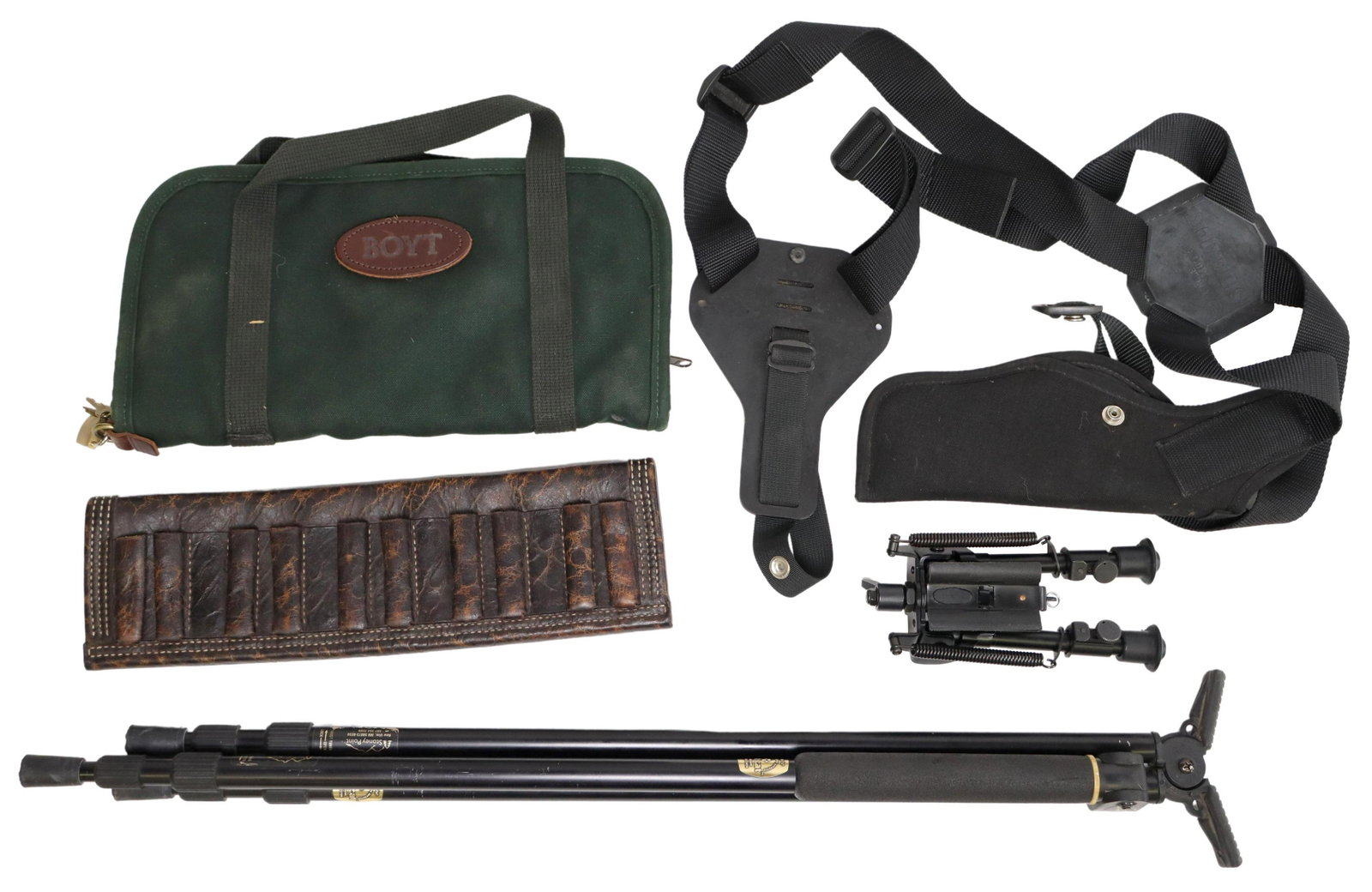 (5) FIREARM RELATED ITEMS, TRIPOD & BIPOD: (lot of 5) Firearm related items: (1) Pole Cat rifle tripod stick, telescoping legs, advertised set up adjustable from 25" to 62"; (1) Champion pivoting rifle bipod, approx. opens 6" to 9"; (1) leathe